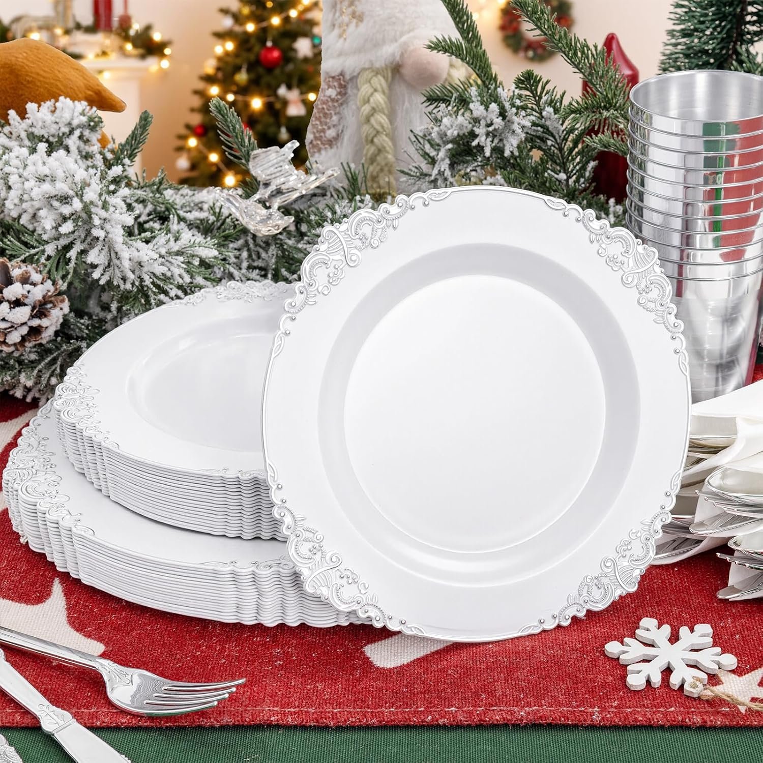 Wholesale 350PCS Silver Plastic Plates and Pre-Rolled Napkins for 50 Guests Disposable Dinnerware Set 100 Silver Plates 150 Silver Silverware 50 Cups 50 Napkins for Christmas Supplier Wholesale 350PCS Silver Plastic Plates and Pre-Rolled Napkins for 50 Guests Disposable Dinnerware Set 100 Silver Plates 150 Silver Silverware 50 Cups 50 Napkins for Christmas Supplier