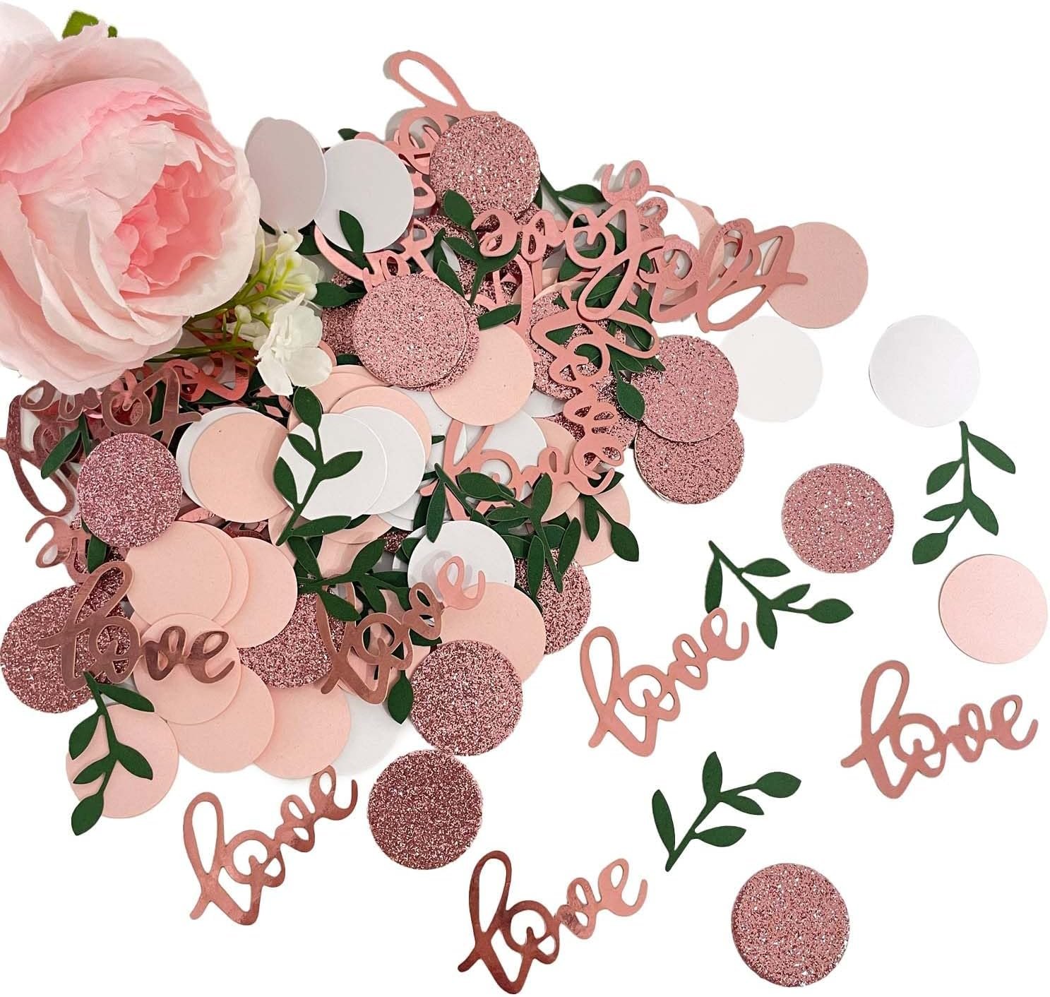 200 Pcs Rose Gold Glitter Wedding Table Confetti, Greenery Eucalyptus, Bridal Shower Decorations, Pink Love Confetti, Engagement Party Scatters