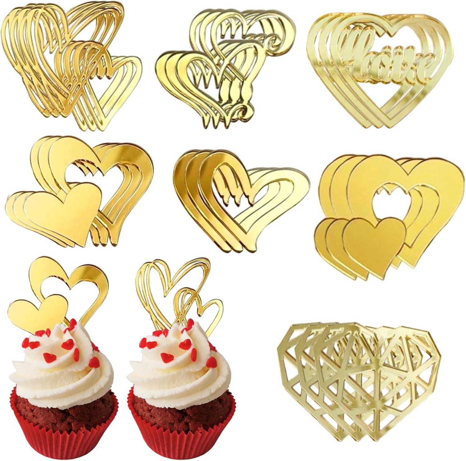 27 Pcs Love Heart Cupcake Toppers Acrylic Cake Topper Minimalist Gold Cake Decorations for Valentine's Day Anniversary Engagement Birthday Wedding Party Supplies