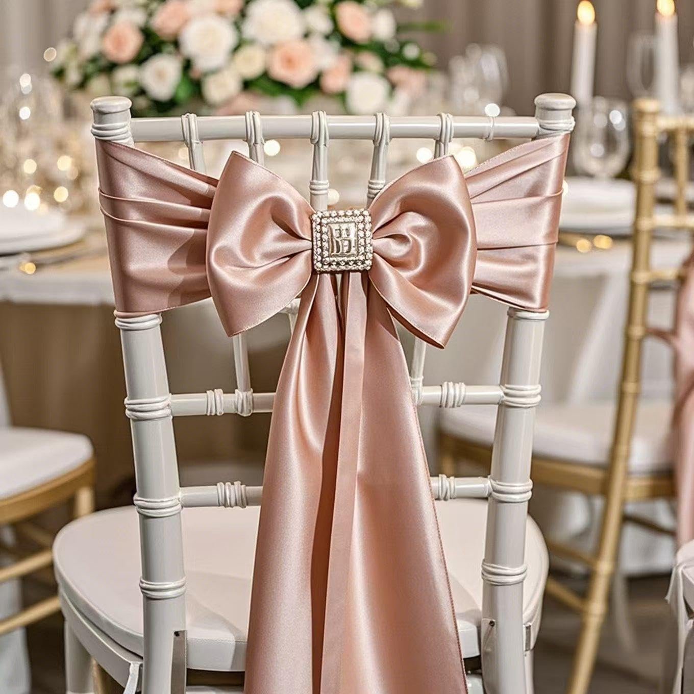 Wholesale Pack of 50 Gold Wedding Satin Chair Sashes Bows 7x108 Inch Ribbon Fabric Bands for Banquet Party Hotel Restaurant Ceremony Event Chairs Knots Ties Decorations Supplier