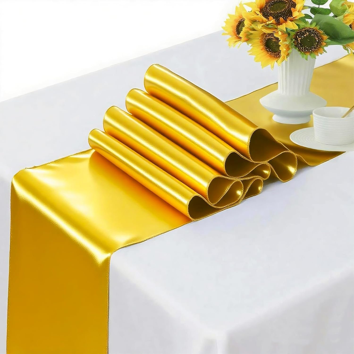 Wholesale Pack of 50 Gold Wedding Satin Chair Sashes Bows 7x108 Inch Ribbon Fabric Bands for Banquet Party Hotel Restaurant Ceremony Event Chairs Knots Ties Decorations Supplier