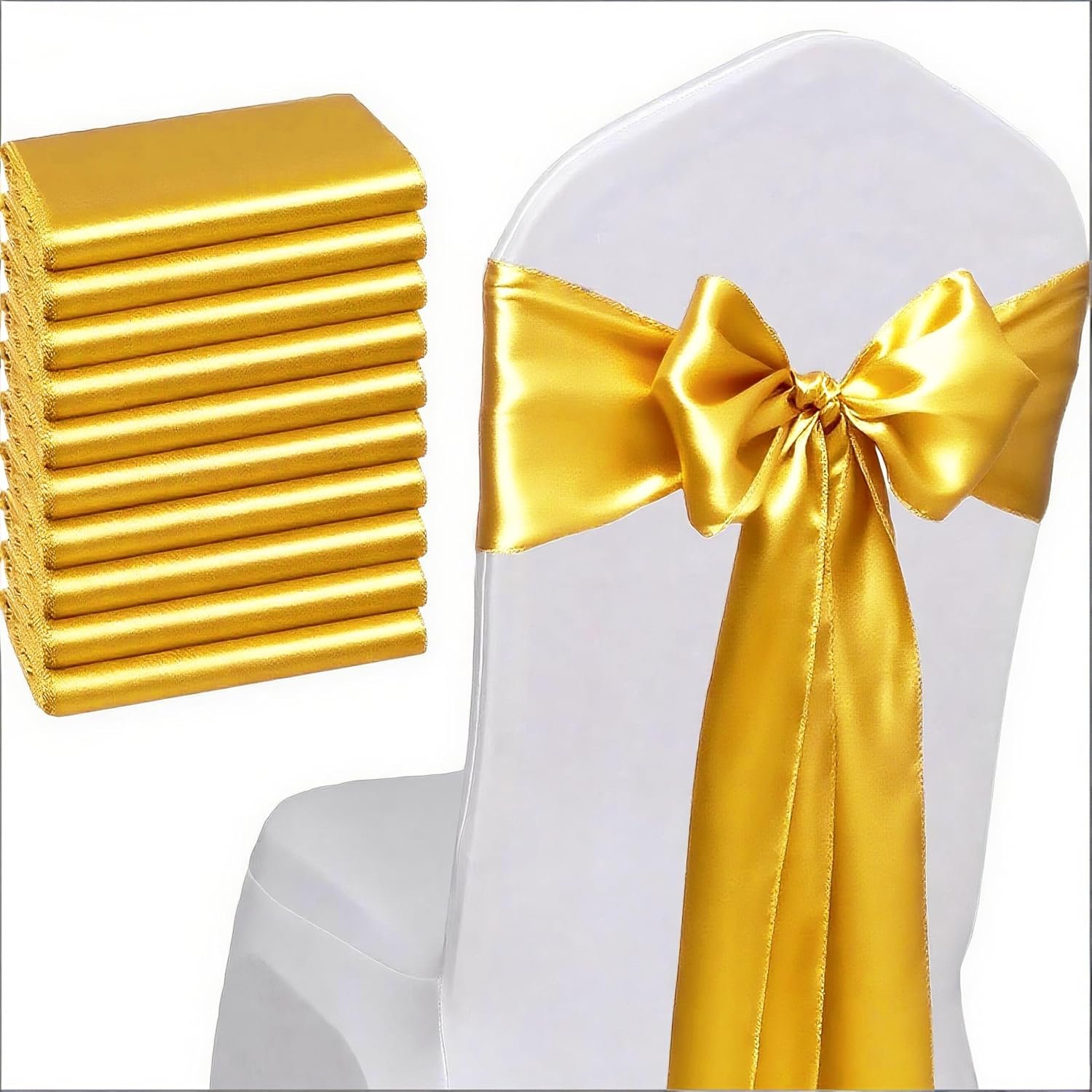 Pack of 50 Wedding Satin Chair Sashes Gold Bows 7x108inch Ribbon Fabric Bands for Banquet Party Hotel Restaurant Ceremony Event Chairs Knots Ties Decorations - Gold, 50PCS
