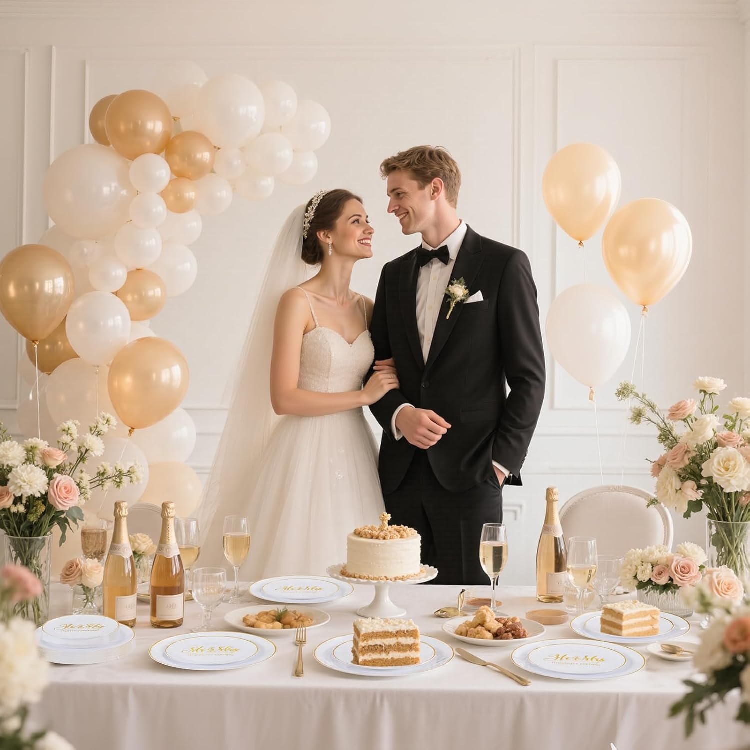 Wholesale Mr and Mrs Wedding Plastic Plates and Napkins Set for 25 Guests Includes 25 Dinner Plates 25 Dessert Plates 25 Cups 25 Napkins 25 Gold Cutlery for Bridal Shower Engagement Party Decor Supplier