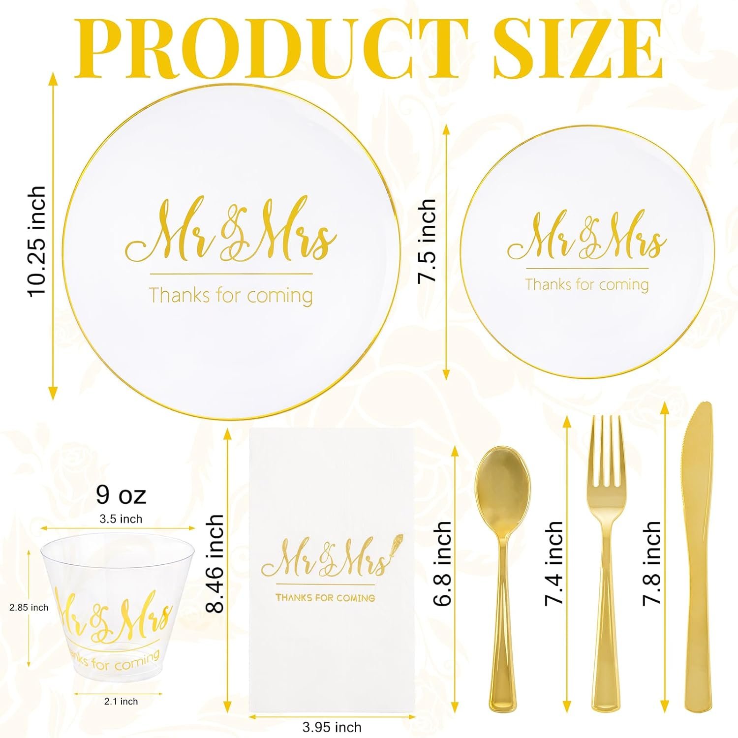 Wholesale Mr and Mrs Wedding Plastic Plates and Napkins Set for 25 Guests Includes 25 Dinner Plates 25 Dessert Plates 25 Cups 25 Napkins 25 Gold Cutlery for Bridal Shower Engagement Party Decor Supplier