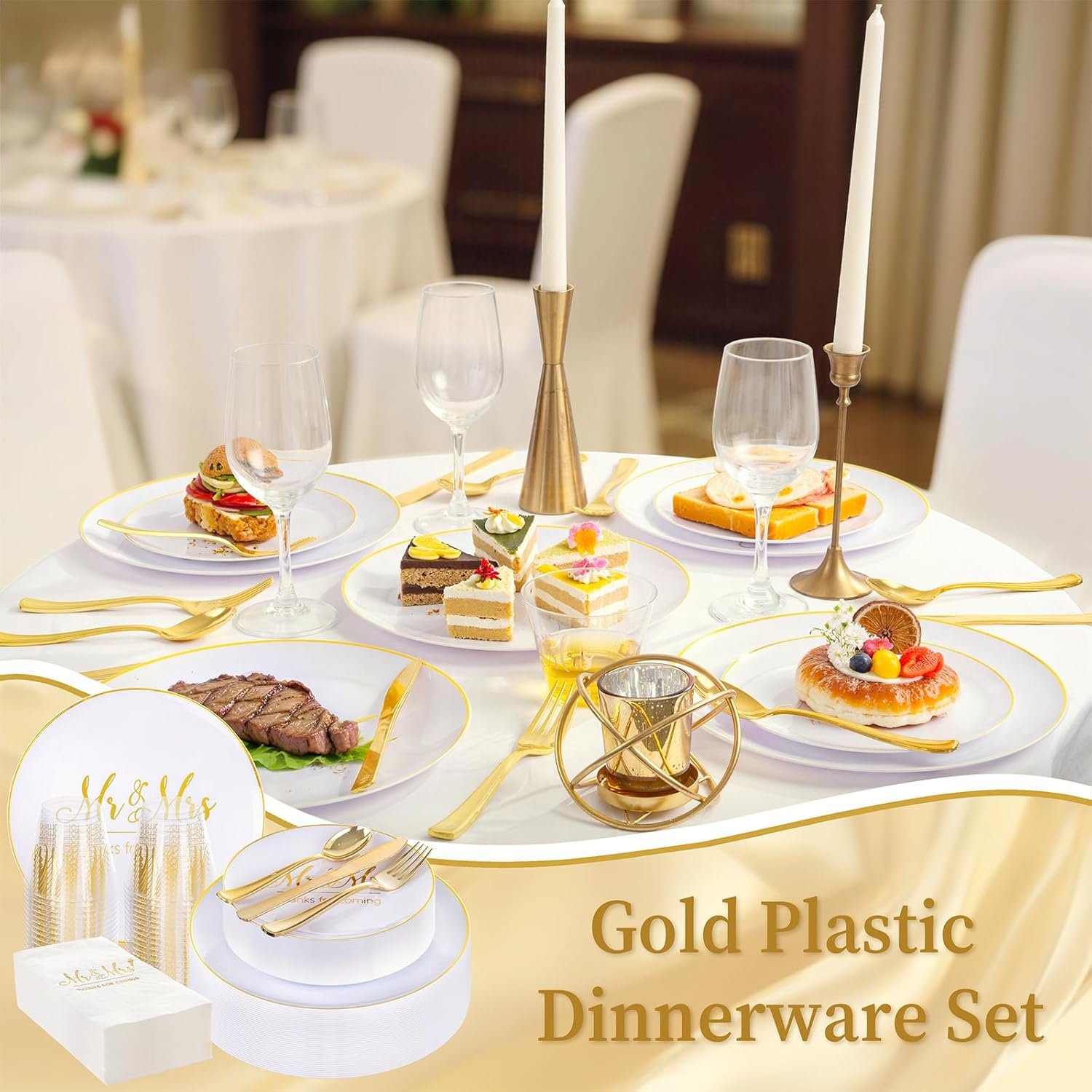Wholesale Mr and Mrs Wedding Plastic Plates and Napkins Set for 25 Guests Includes 25 Dinner Plates 25 Dessert Plates 25 Cups 25 Napkins 25 Gold Cutlery for Bridal Shower Engagement Party Decor Supplier