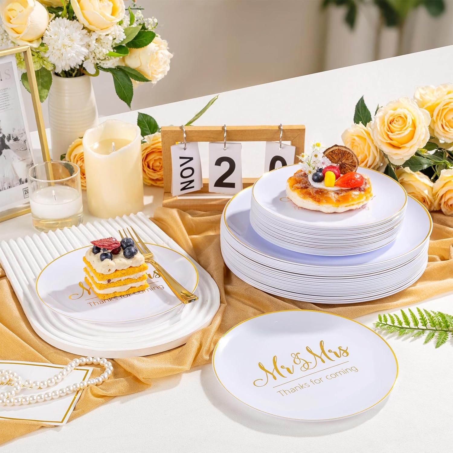 Wholesale Mr and Mrs Wedding Plastic Plates and Napkins Set for 25 Guests Includes 25 Dinner Plates 25 Dessert Plates 25 Cups 25 Napkins 25 Gold Cutlery for Bridal Shower Engagement Party Decor Supplier