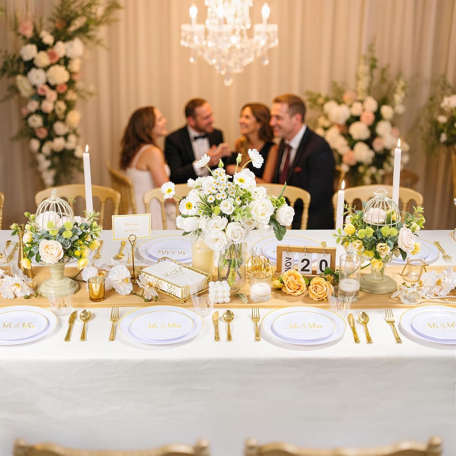 Wholesale Mr and Mrs Wedding Plastic Plates and Napkins Set for 25 Guests Includes 25 Dinner Plates 25 Dessert Plates 25 Cups 25 Napkins 25 Gold Cutlery for Bridal Shower Engagement Party Decor Supplier