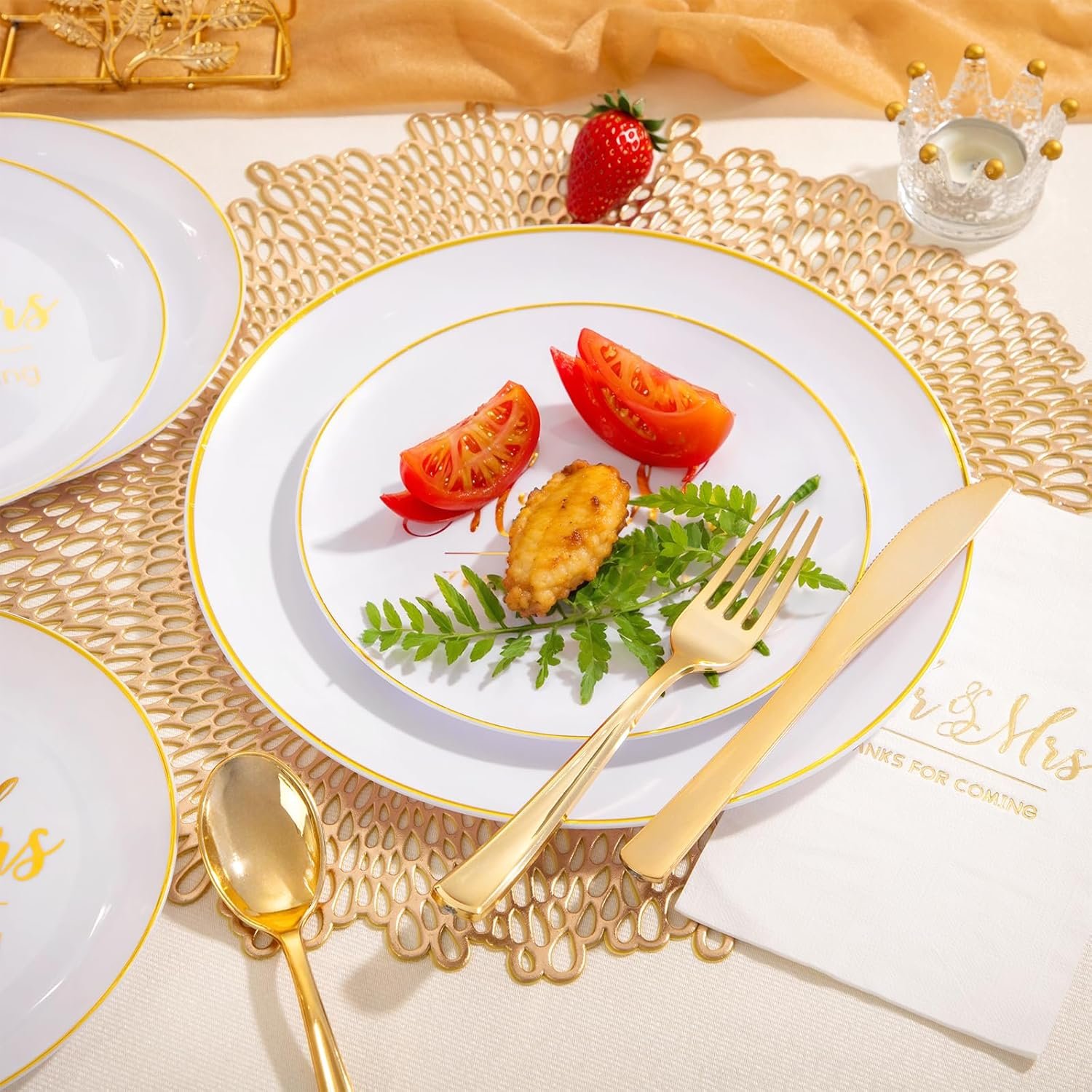 Wholesale Mr and Mrs Wedding Plastic Plates and Napkins Set for 25 Guests Includes 25 Dinner Plates 25 Dessert Plates 25 Cups 25 Napkins 25 Gold Cutlery for Bridal Shower Engagement Party Decor Supplier