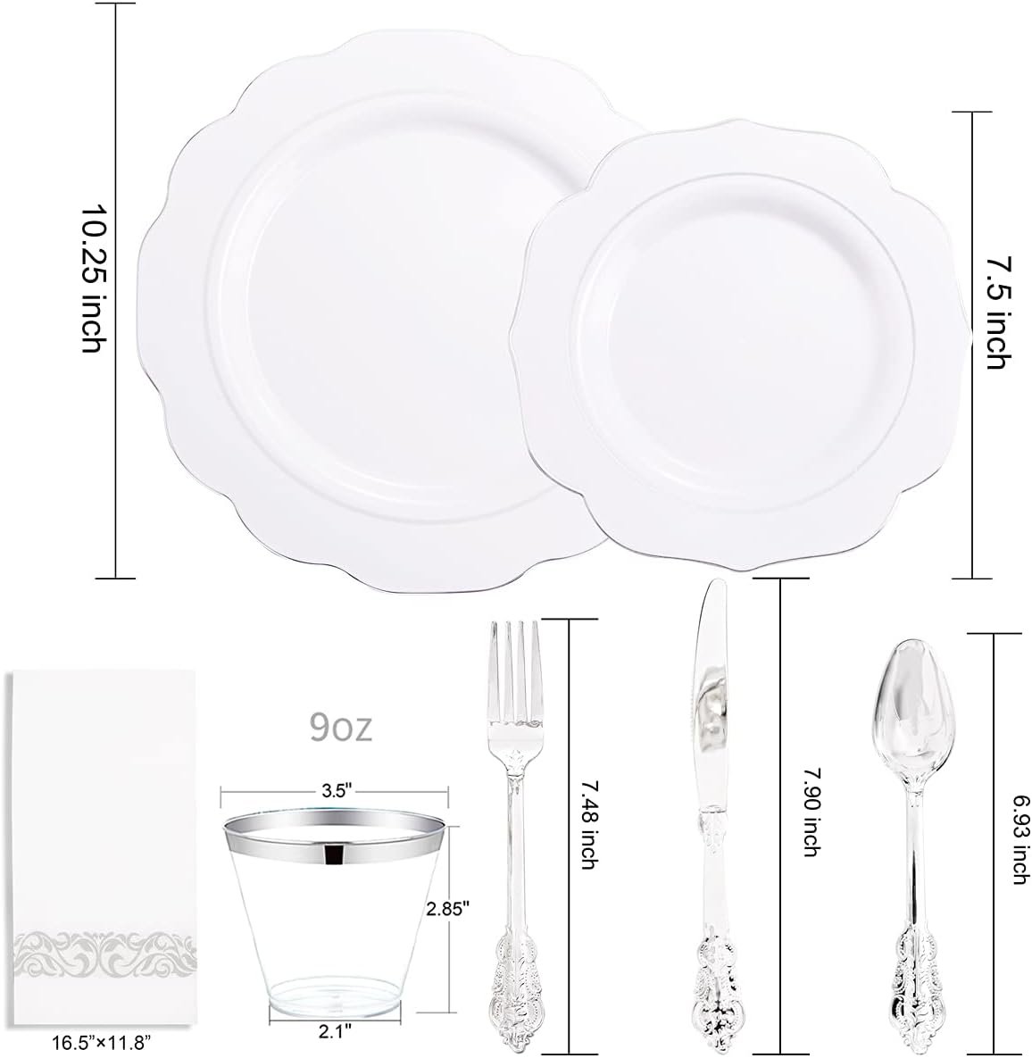 Wholesale 175pcs Silver Rim Plastic Plates Tableware Set 25 Dinner Dessert Plates 25 Forks 25 Knives 25 Spoons for Wedding Party Supplier