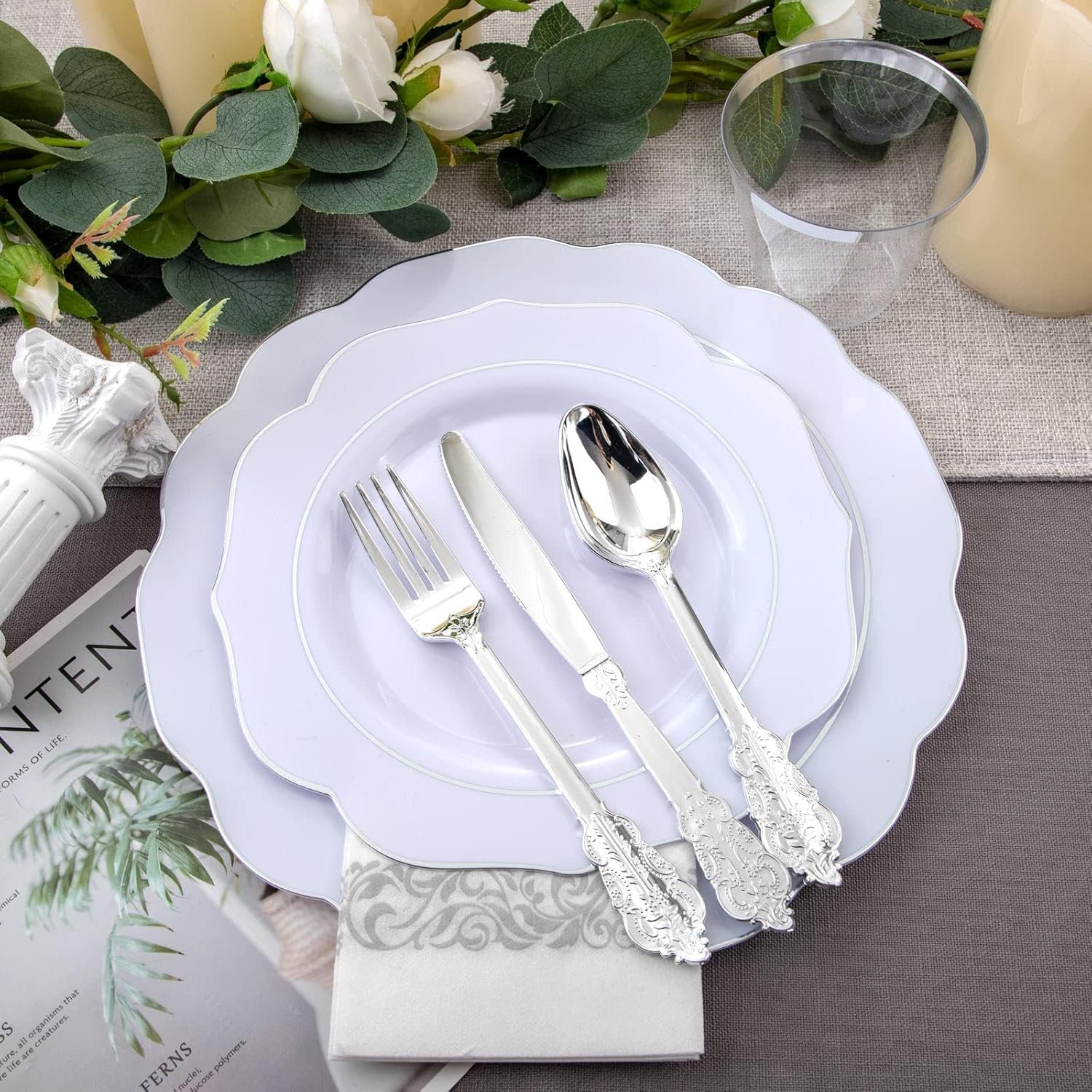 Wholesale 175pcs Silver Rim Plastic Plates Tableware Set 25 Dinner Dessert Plates 25 Forks 25 Knives 25 Spoons for Wedding Party Supplier