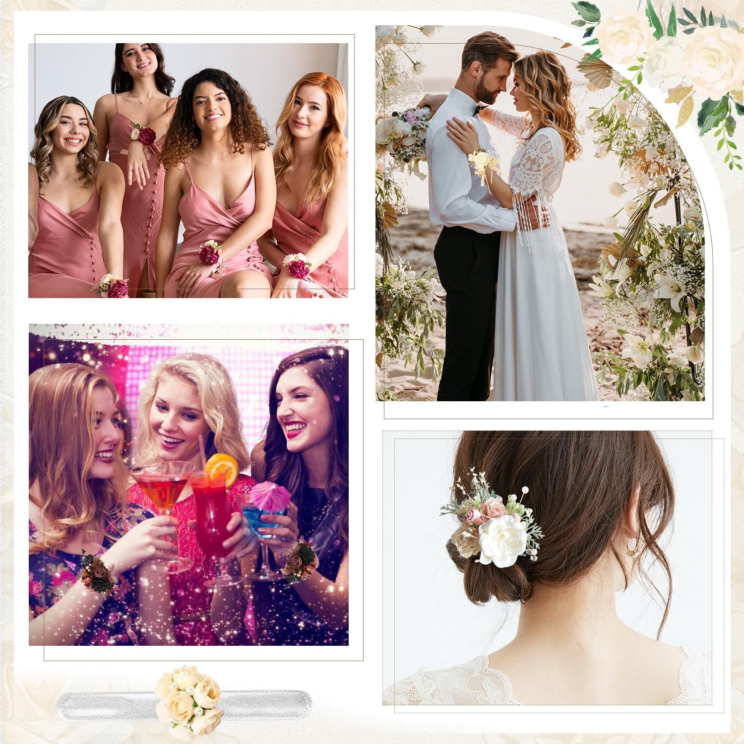 Wholesale 24 Pcs Silver Floral Wrist Corsage Bands Bracelets DIY Accessories for Wedding Prom Ceremony Anniversary Bridal Shower Beach Party Supplier