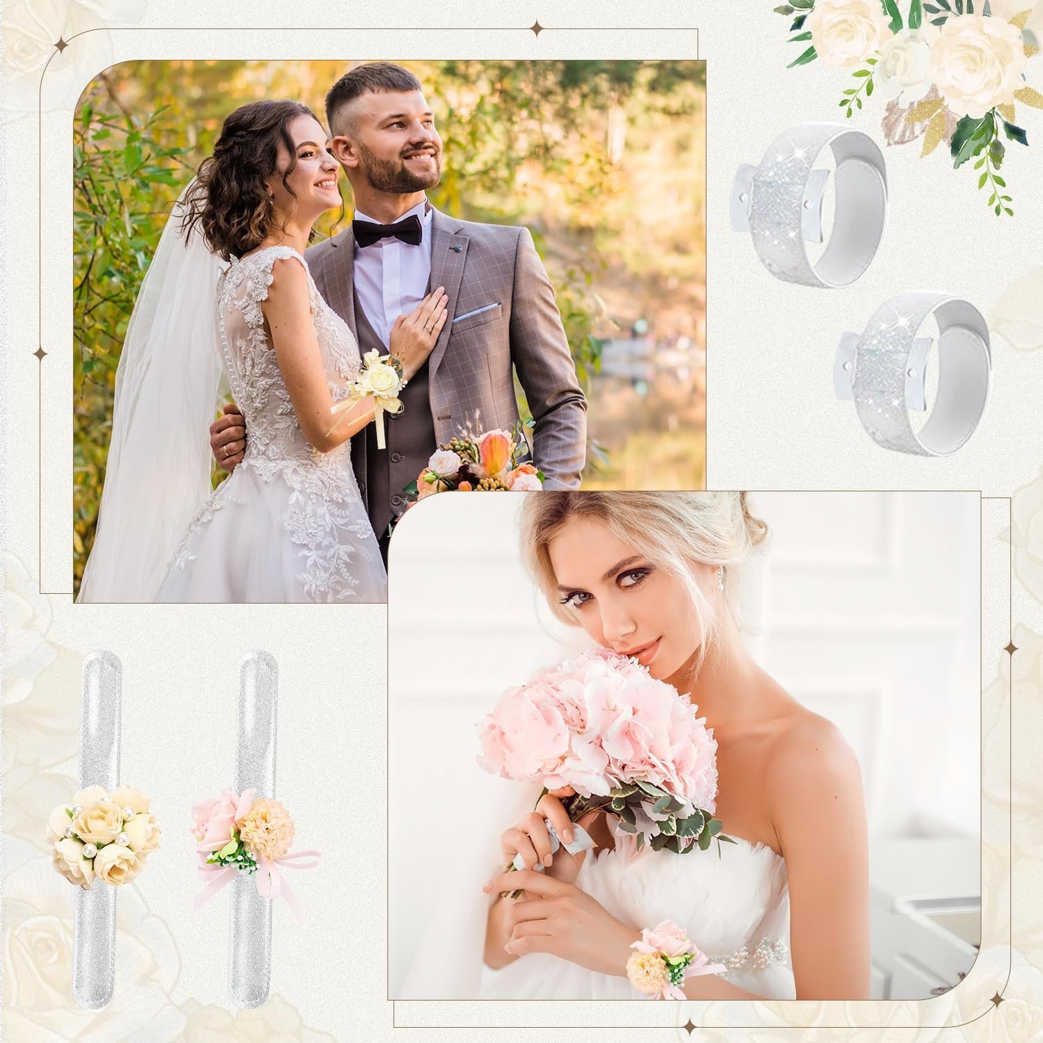 Wholesale 24 Pcs Silver Floral Wrist Corsage Bands Bracelets DIY Accessories for Wedding Prom Ceremony Anniversary Bridal Shower Beach Party Supplier