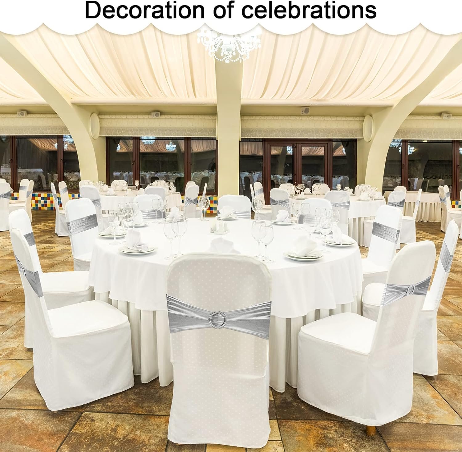 Wholesale 120 Pieces Spandex Chair Sashes with Buckle Stretch Cover Bands Bows for Wedding Hotel Banquet Events Decorations Silver Supplier