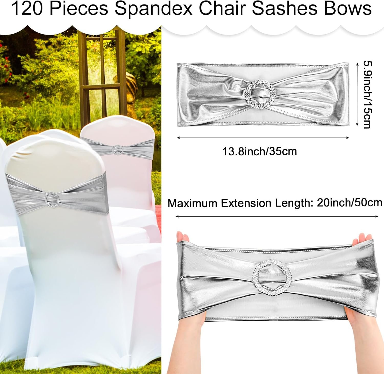 Wholesale 120 Pieces Spandex Chair Sashes with Buckle Stretch Cover Bands Bows for Wedding Hotel Banquet Events Decorations Silver Supplier
