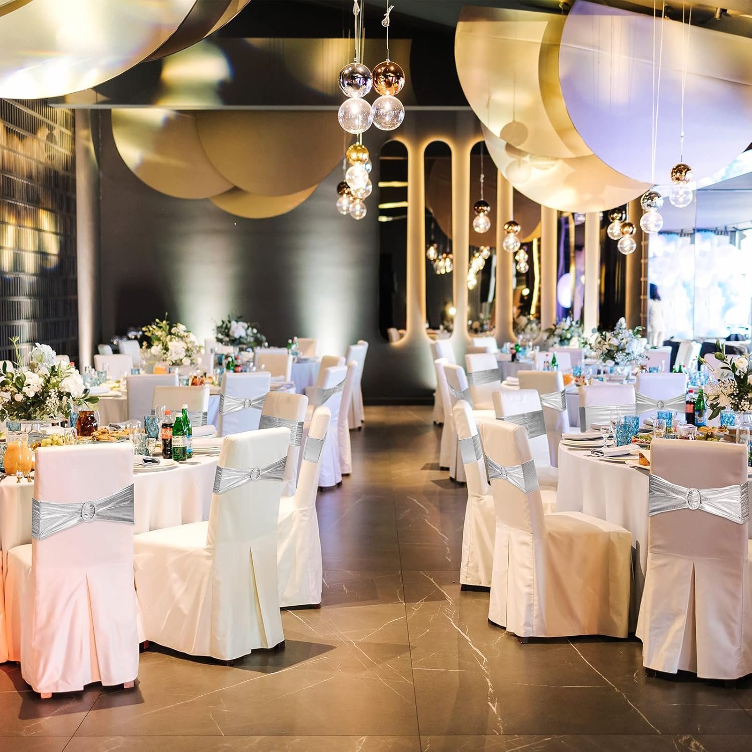 Wholesale 120 Pieces Spandex Chair Sashes with Buckle Stretch Cover Bands Bows for Wedding Hotel Banquet Events Decorations Silver Supplier