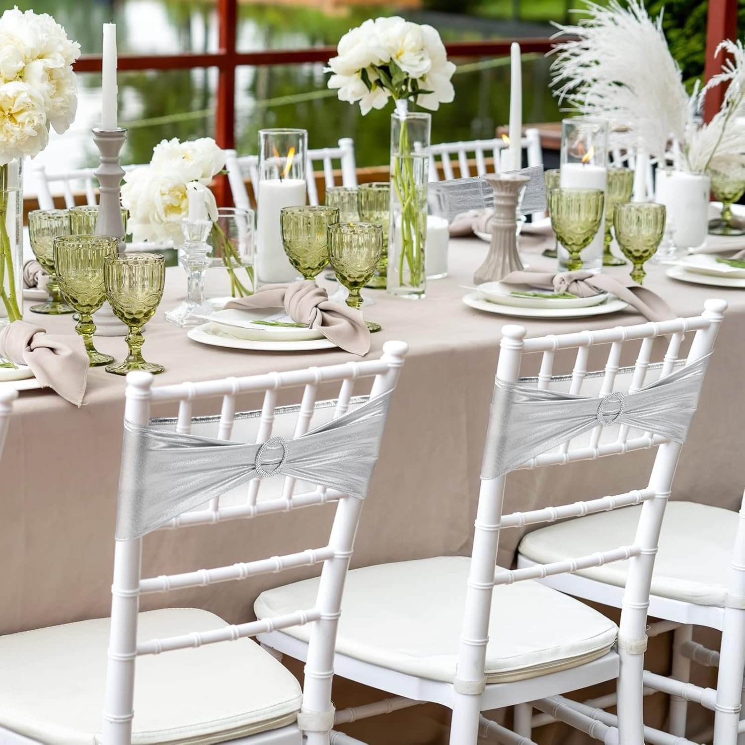 Wholesale 120 Pieces Spandex Chair Sashes with Buckle Stretch Cover Bands Bows for Wedding Hotel Banquet Events Decorations Silver Supplier