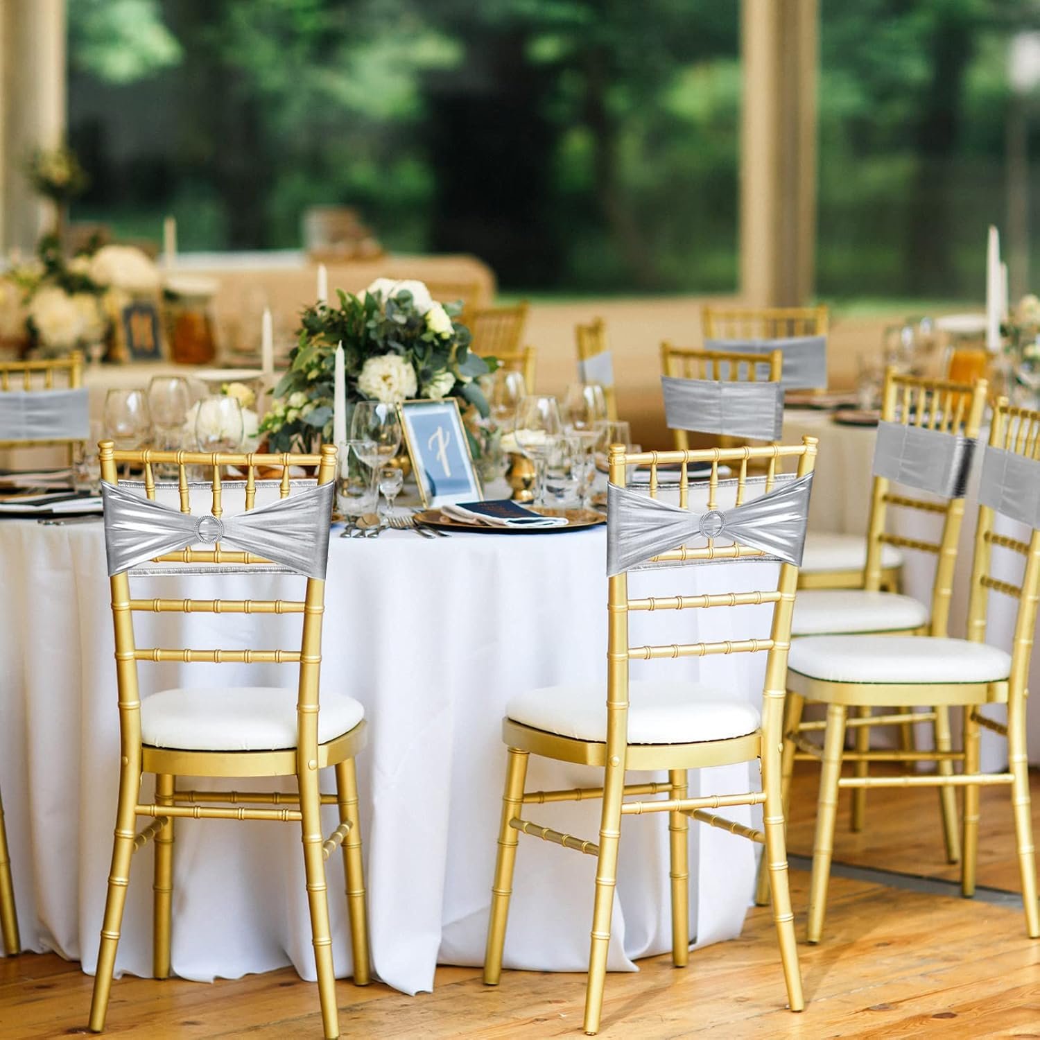 Wholesale 120 Pieces Spandex Chair Sashes with Buckle Stretch Cover Bands Bows for Wedding Hotel Banquet Events Decorations Silver Supplier