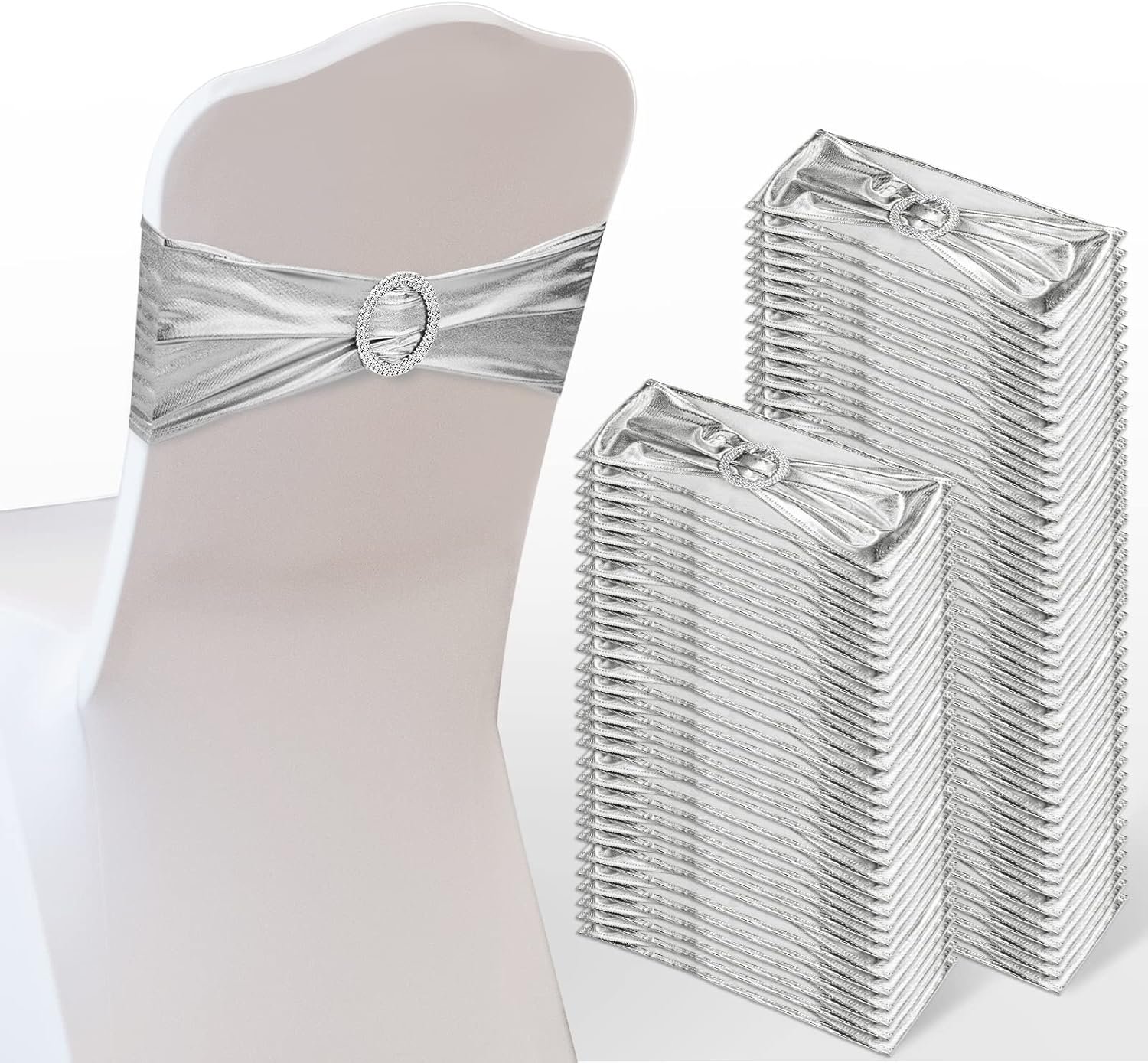 Oudain 120 Pieces Spandex Chair Sashes with Buckle Stretch Chair Cover Bands Bows for Wedding Hotel Banquet Events Decorations Sashes(Silver)