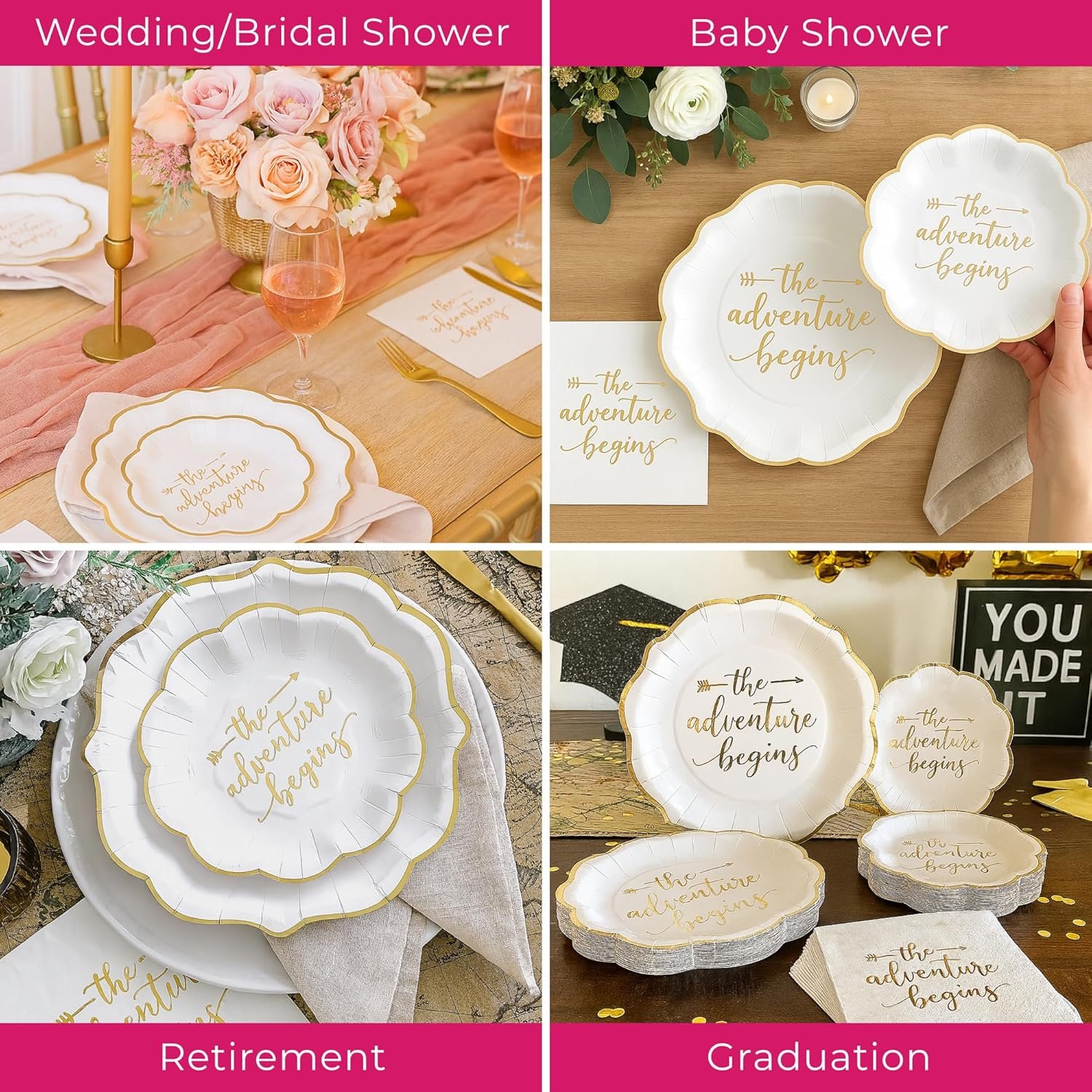 Wholesale The Adventure Begins Wedding Paper Plates and Napkins Set 72 Piece Disposable Party Tableware for 24 Guests Bridal Shower Decorations Engagement Party Decor Supplier