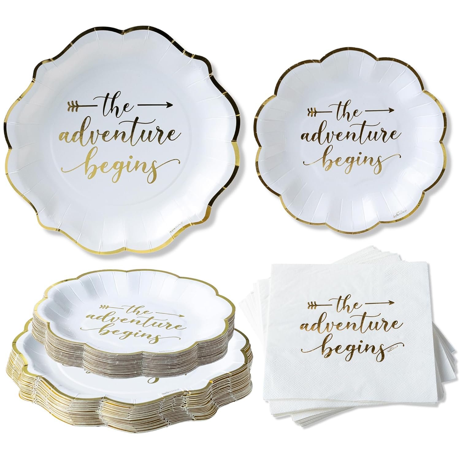 Kate Aspen The Adventure Begins Wedding Paper Plates and Napkins Set - 72 Piece Wedding Plates Disposable Party Tableware for 24 Guests - Bridal Shower Decorations, Engagement Party Decor