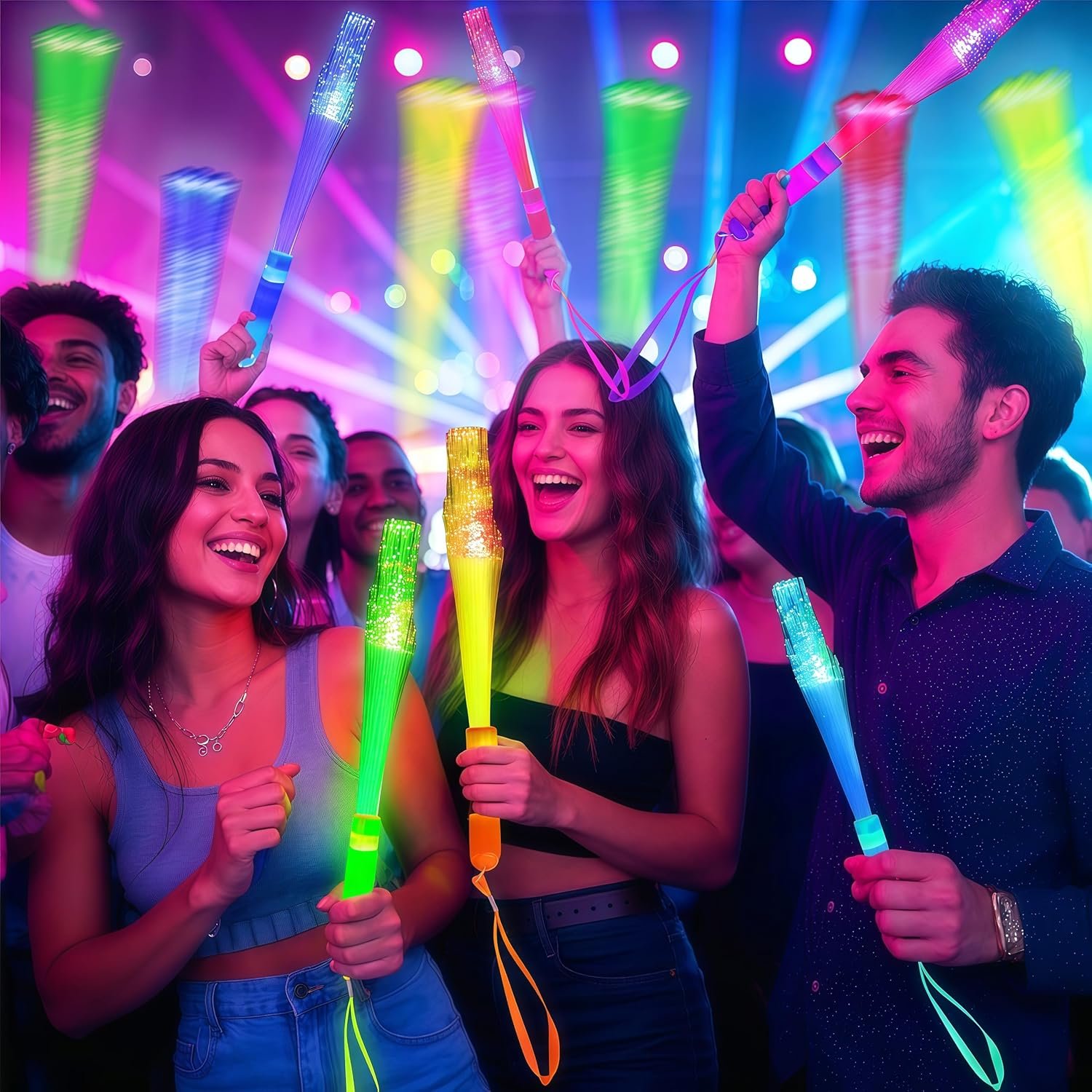 Wholesale 12PC Glow Fiber Optic LED Light Up Wands 4 Color Neon Glow in the Dark Party Favors for Thanksgiving Xmas Holidays Birthdays Concerts Supplier