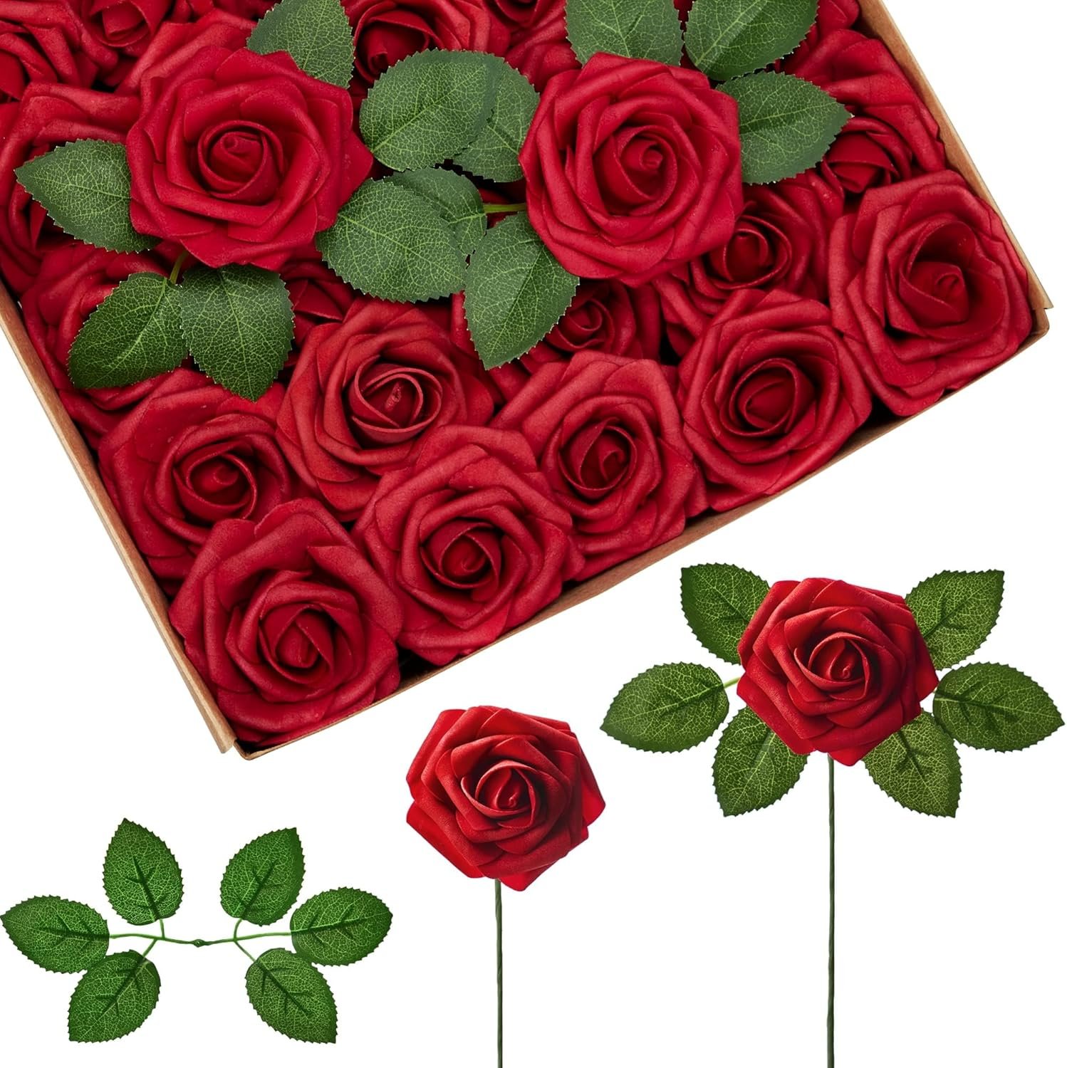 InnoGear Artificial Flowers, 50 Pcs Dark Red Foam Fake Roses Bulk with Stems for Valentine's Gift Decoration Celebration DIY Wedding Bouquets Centerpieces Bridal Shower Party Christmas Tree
