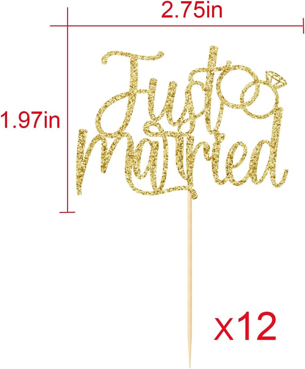 Wholesale Just Married Cupcake Toppers 12 Pcs Pre-Assembled Double-Sided Gold Glitter Wedding Party Decorations Engagement Bridal Shower Reception Cake Dessert Ornaments Supplier