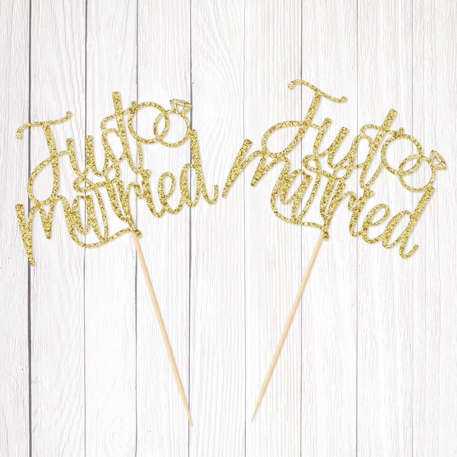 Wholesale Just Married Cupcake Toppers 12 Pcs Pre-Assembled Double-Sided Gold Glitter Wedding Party Decorations Engagement Bridal Shower Reception Cake Dessert Ornaments Supplier