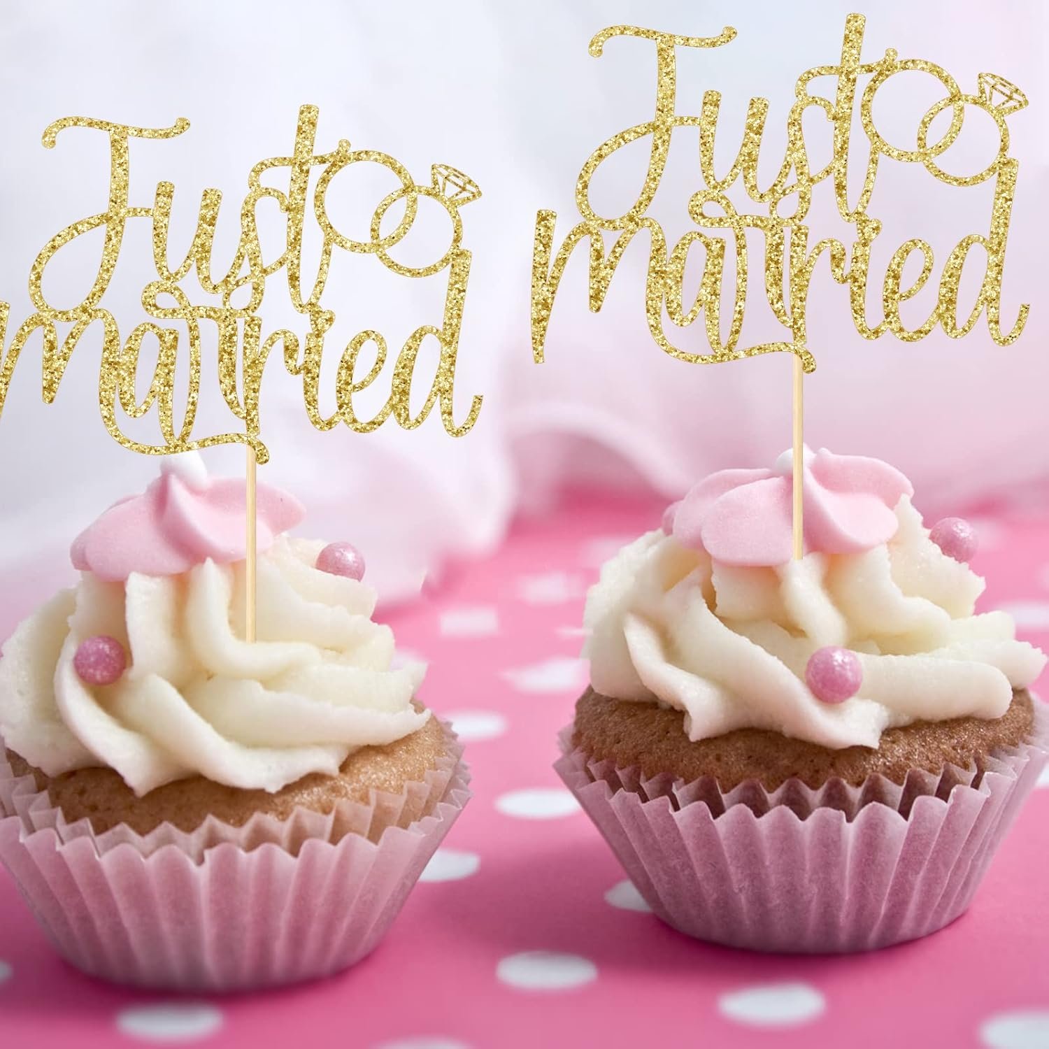 Wholesale Just Married Cupcake Toppers 12 Pcs Pre-Assembled Double-Sided Gold Glitter Wedding Party Decorations Engagement Bridal Shower Reception Cake Dessert Ornaments Supplier