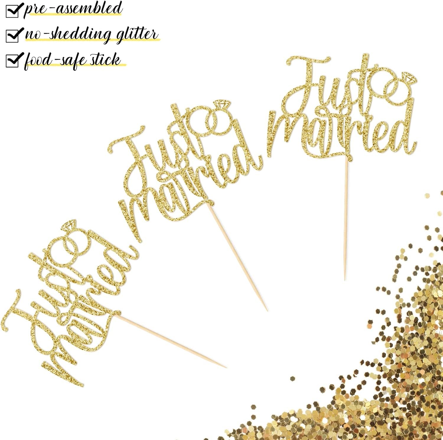Wholesale Just Married Cupcake Toppers 12 Pcs Pre-Assembled Double-Sided Gold Glitter Wedding Party Decorations Engagement Bridal Shower Reception Cake Dessert Ornaments Supplier