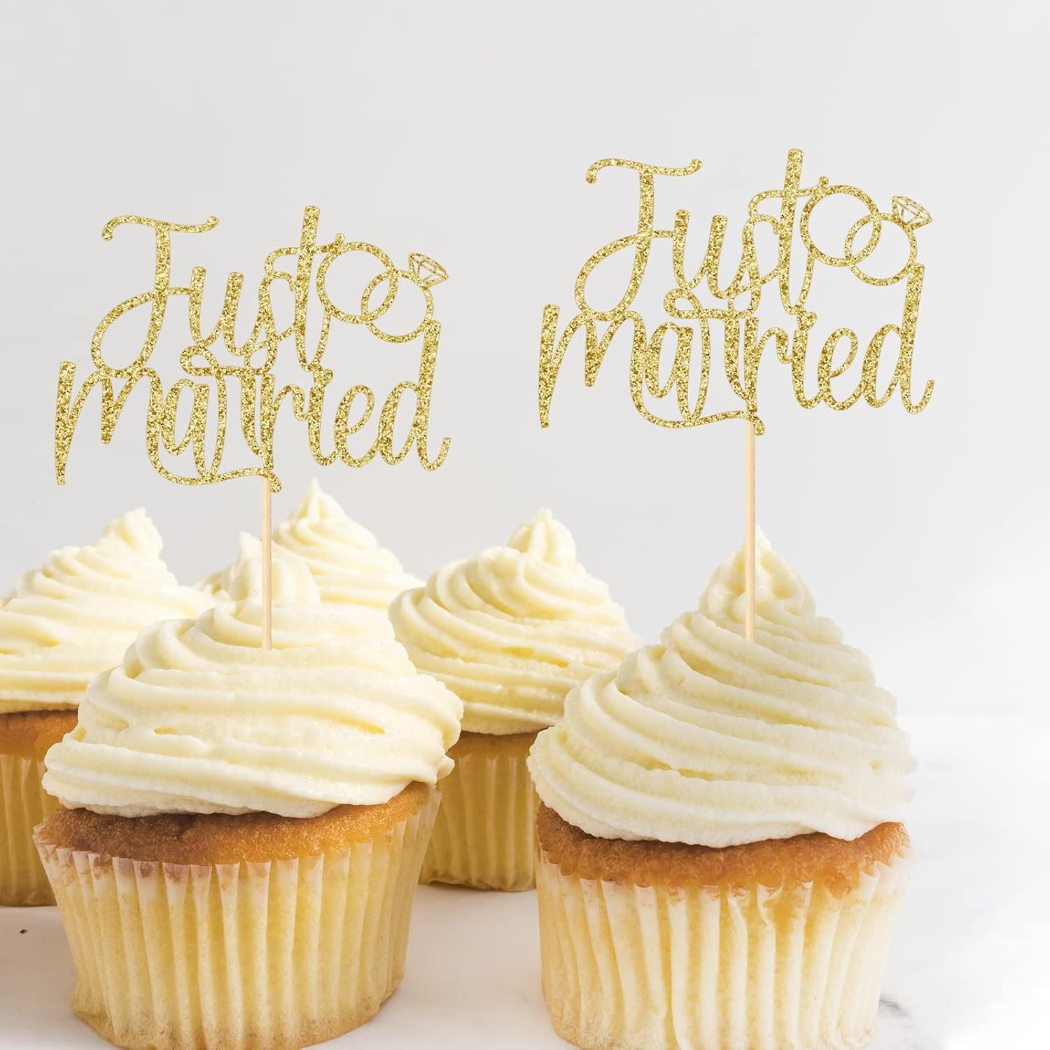 Wholesale Just Married Cupcake Toppers 12 Pcs Pre-Assembled Double-Sided Gold Glitter Wedding Party Decorations Engagement Bridal Shower Reception Cake Dessert Ornaments Supplier