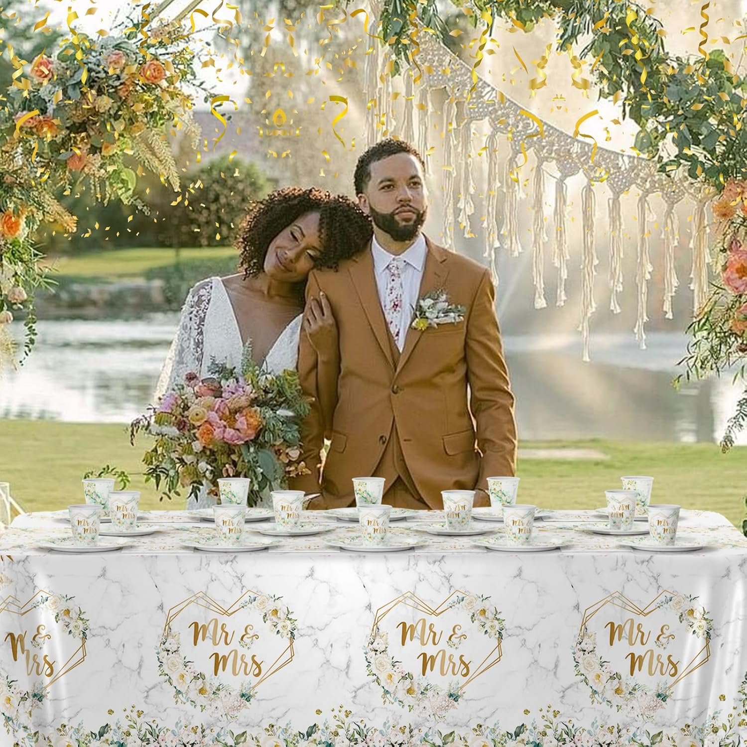 Wholesale 193 pcs White Wedding Party Decorations Mr and Mrs Paper Plates Cups and Napkins Set Floral Disposable Dinnerware with Tablecloth Bridal Shower Party Supplies for 24 Guests Supplier