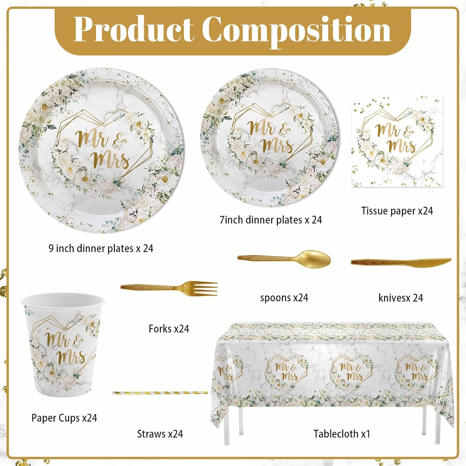 Wholesale 193 pcs White Wedding Party Decorations Mr and Mrs Paper Plates Cups and Napkins Set Floral Disposable Dinnerware with Tablecloth Bridal Shower Party Supplies for 24 Guests Supplier