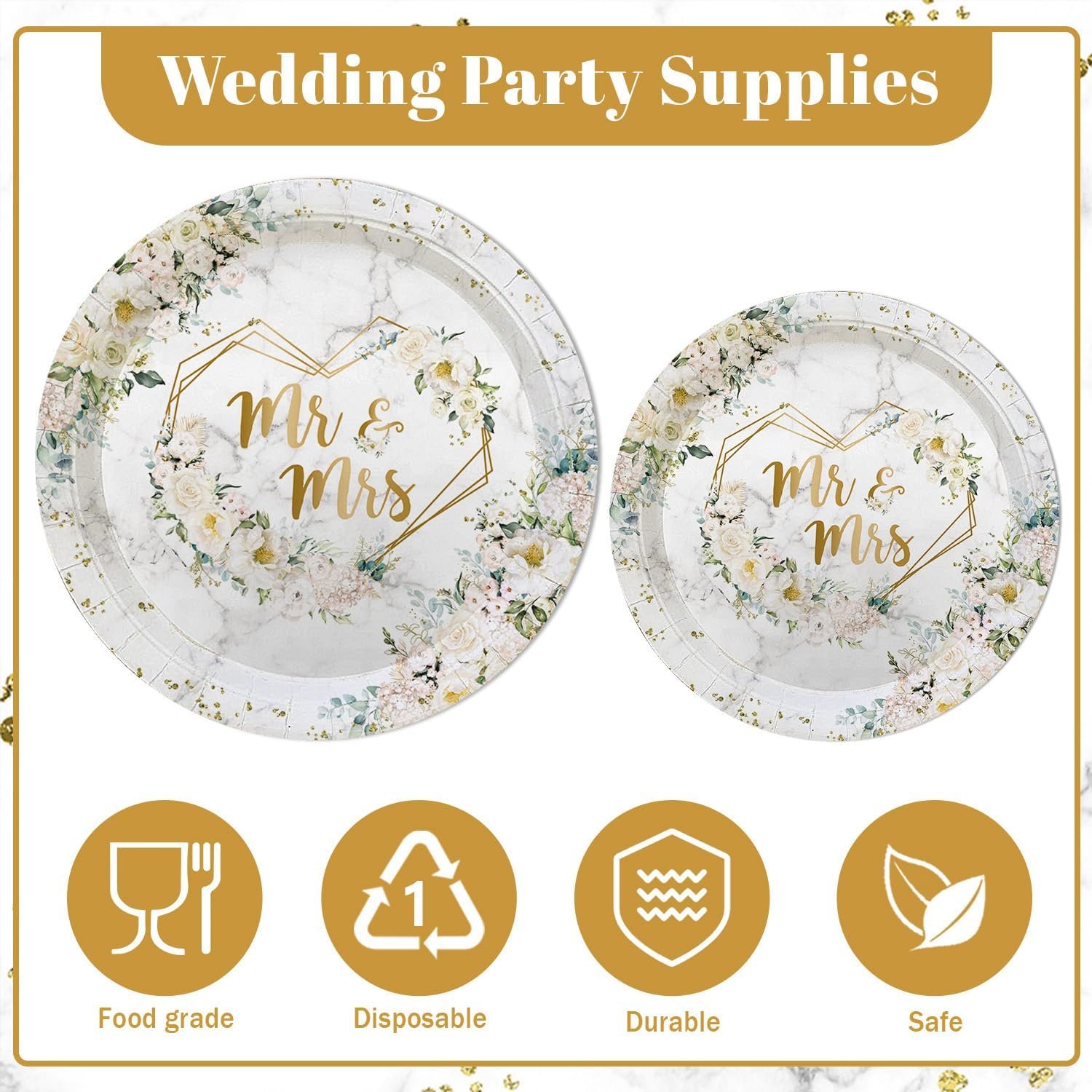 Wholesale 193 pcs White Wedding Party Decorations Mr and Mrs Paper Plates Cups and Napkins Set Floral Disposable Dinnerware with Tablecloth Bridal Shower Party Supplies for 24 Guests Supplier