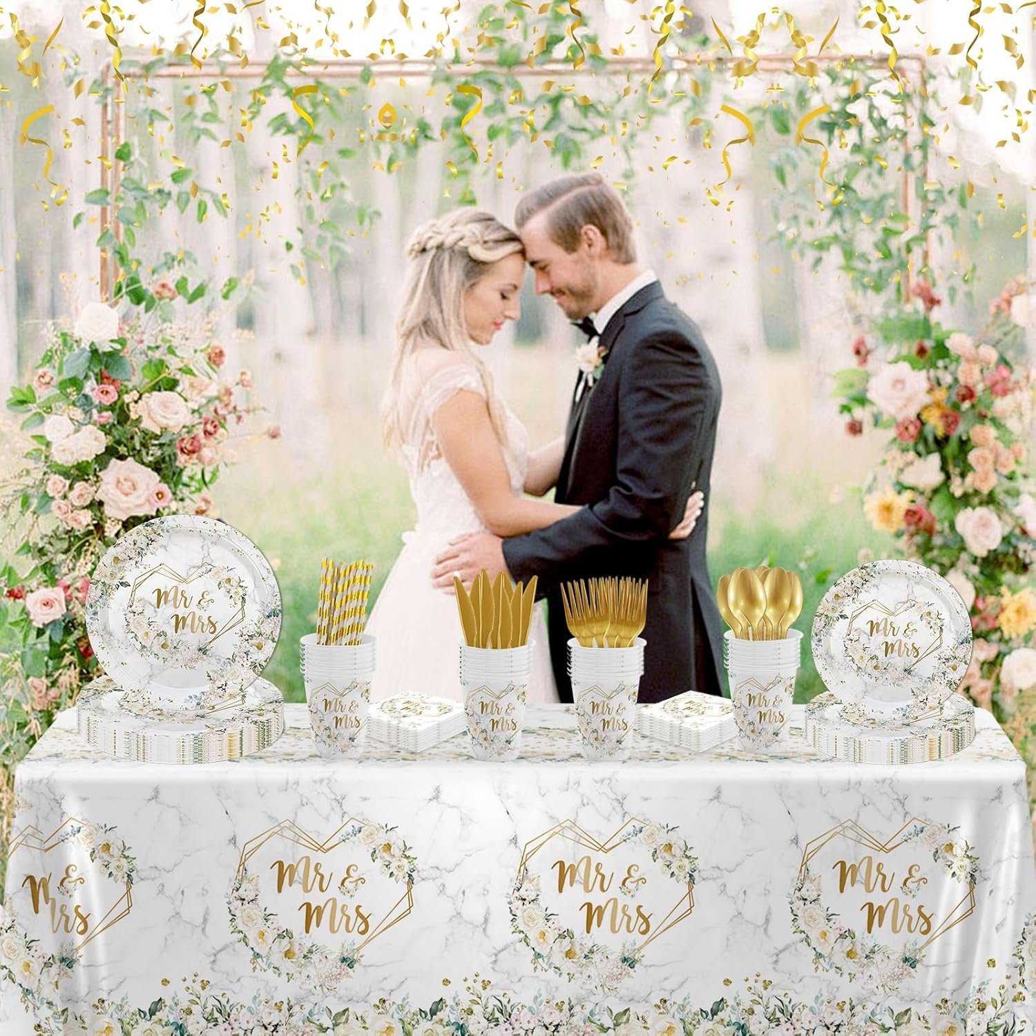 Wholesale 193 pcs White Wedding Party Decorations Mr and Mrs Paper Plates Cups and Napkins Set Floral Disposable Dinnerware with Tablecloth Bridal Shower Party Supplies for 24 Guests Supplier