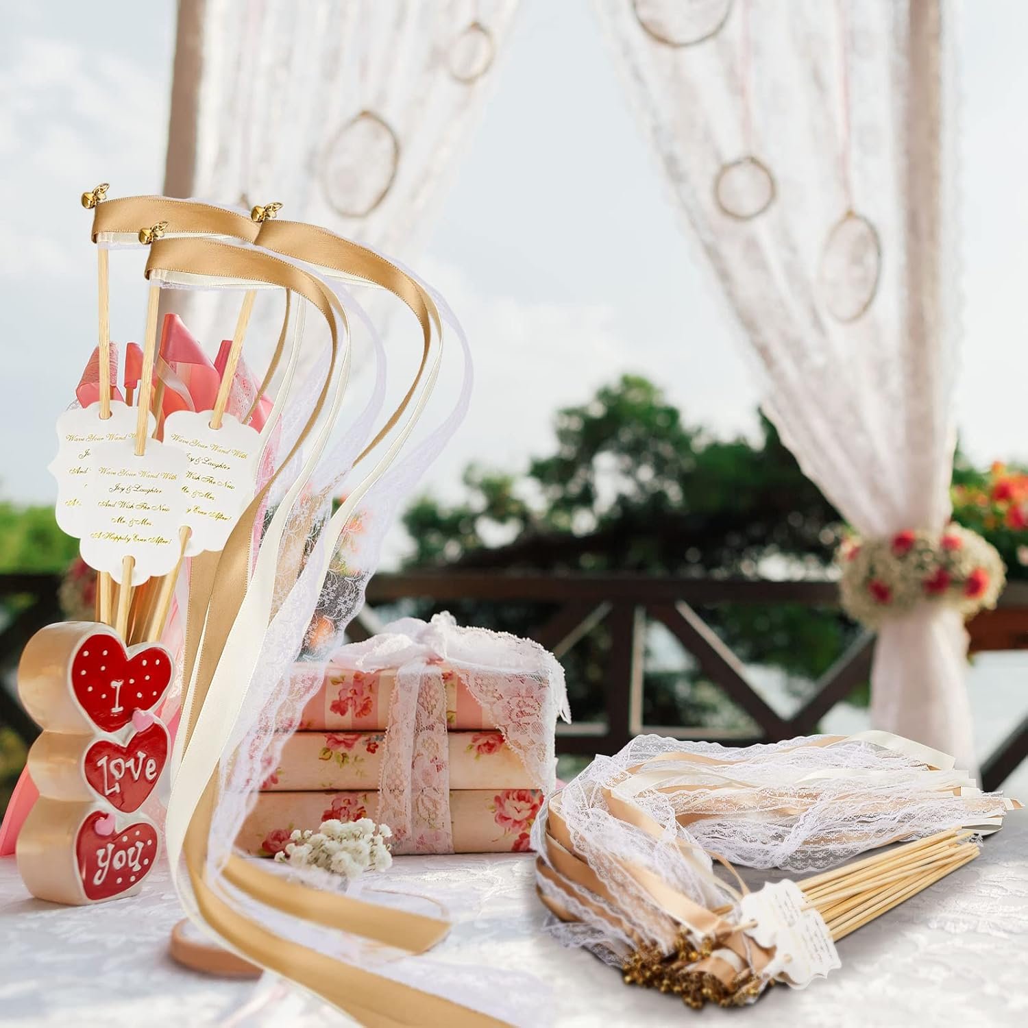 Wholesale 100 Pieces Ribbon Stick Wands with Lace Bells and Wedding Send Off Tags Gold Fairy Wand Streamers for Bridal Shower Parties Holiday Celebrations (Beige Light Brown) Supplier Wholesale 100 Pieces Ribbon Stick Wands with Lace Bells and Wedding Send Off Tags Gold Fairy Wand Streamers for Bridal Shower Parties Holiday Celebrations (Beige Light Brown) Supplier