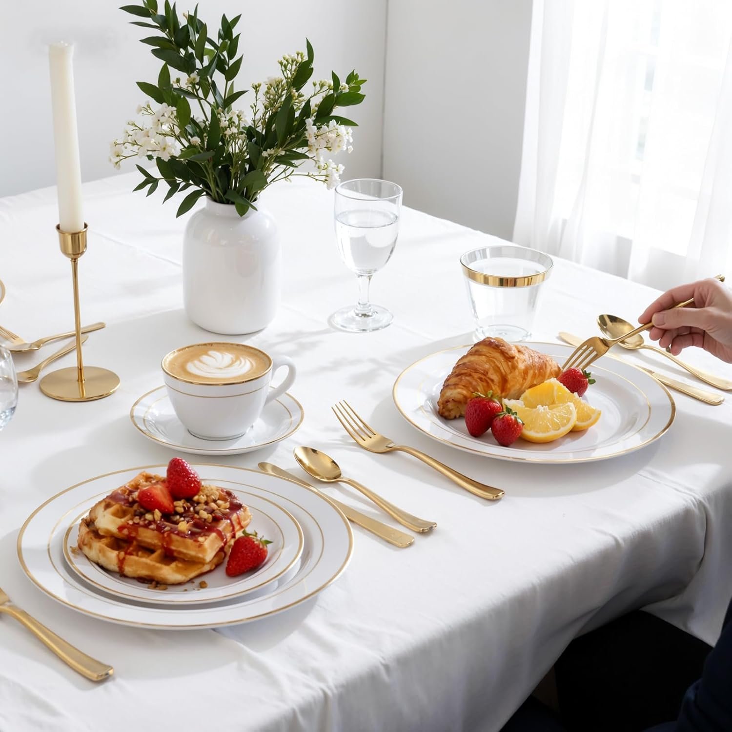 Wholesale 350-Piece Gold Dinnerware Set for 50 Guests Gold Plastic Plates Disposable Cutlery 50 Dinner Plates 50 Dessert Plates 50 Pre-Rolled Napkins with Silverware for Parties Supplier