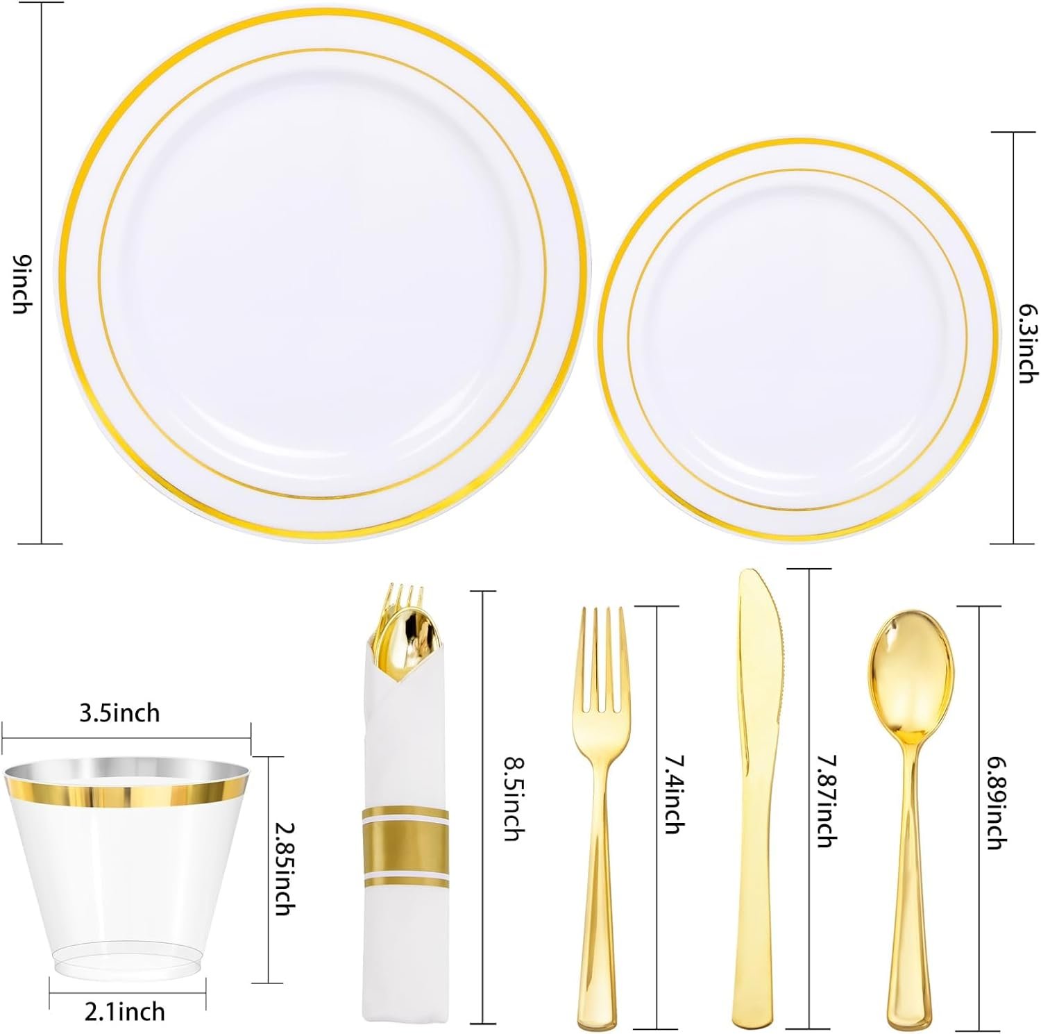 Wholesale 350-Piece Gold Dinnerware Set for 50 Guests Gold Plastic Plates Disposable Cutlery 50 Dinner Plates 50 Dessert Plates 50 Pre-Rolled Napkins with Silverware for Parties Supplier
