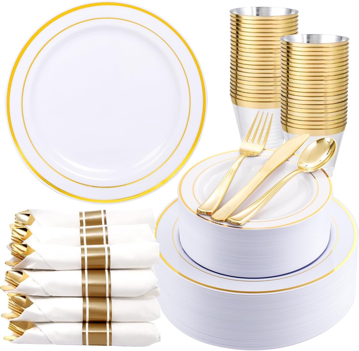 350Piece Gold Dinnerware Set for 50 Guests - Gold Plastic Plates with Disposable Cutlery Include:50Dinner Plates-50Dessert Plates-50Pre Rolled Napkins with Silverware for Party