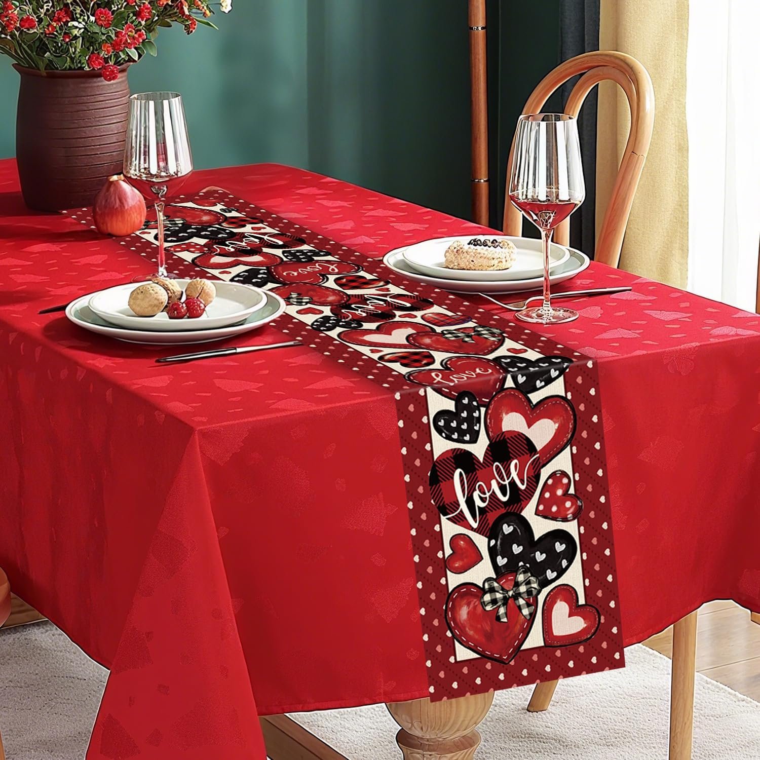 Wholesale Valentines Day Red Black Hearts Buffalo Plaid Love Linen Table Runner Farmhouse Rustic Holiday Decor for Dining Kitchen Party Wedding (72