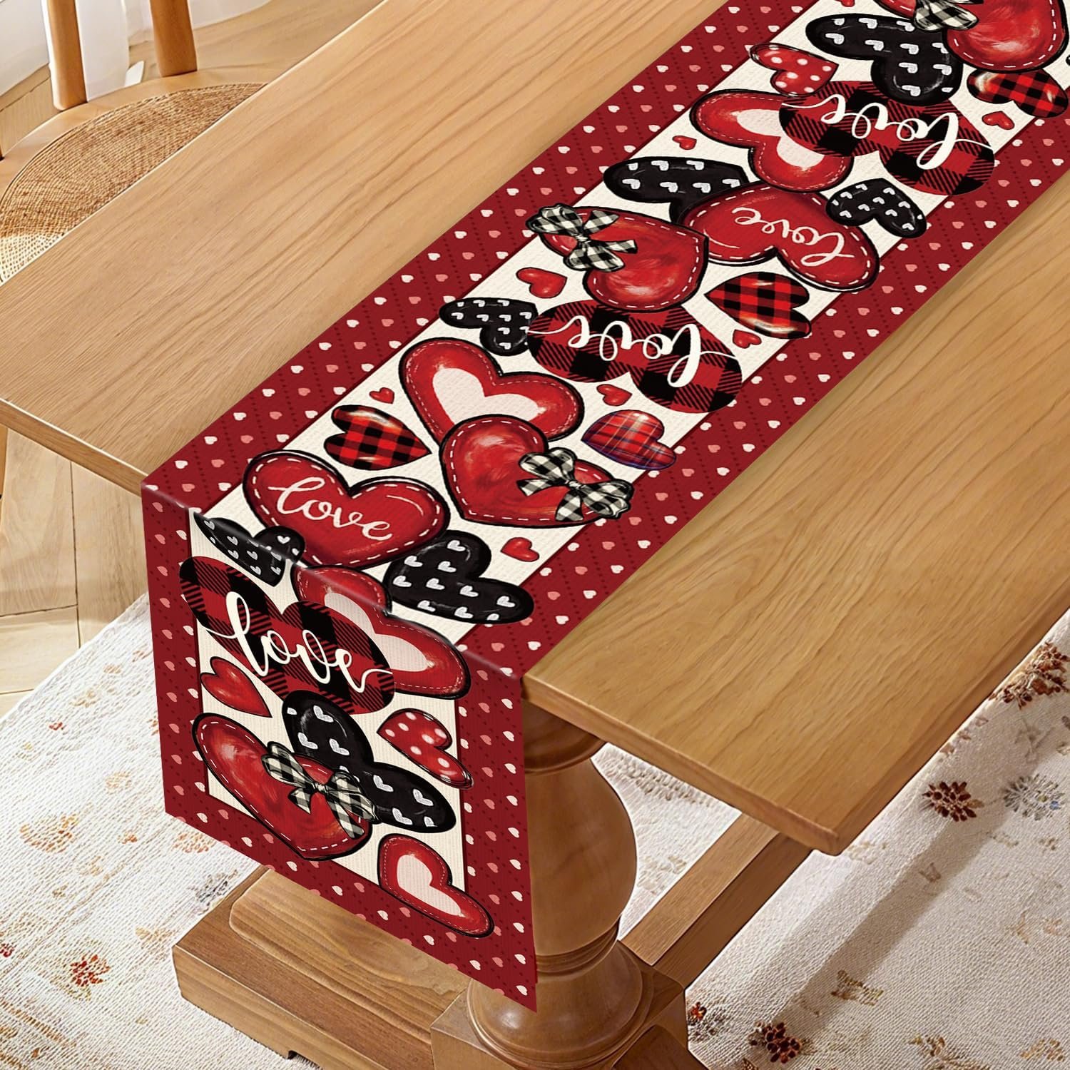 Wholesale Valentines Day Red Black Hearts Buffalo Plaid Love Linen Table Runner Farmhouse Rustic Holiday Decor for Dining Kitchen Party Wedding (72