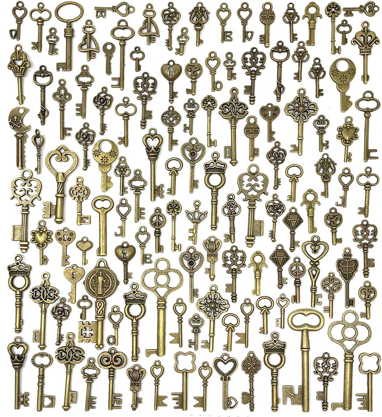 125 PCS Vintage Skeleton Key Set Charms, JIALEEY Mixed Antique Style Bronze Brass for Pendant DIY Jewelry Making Wedding Party Favors