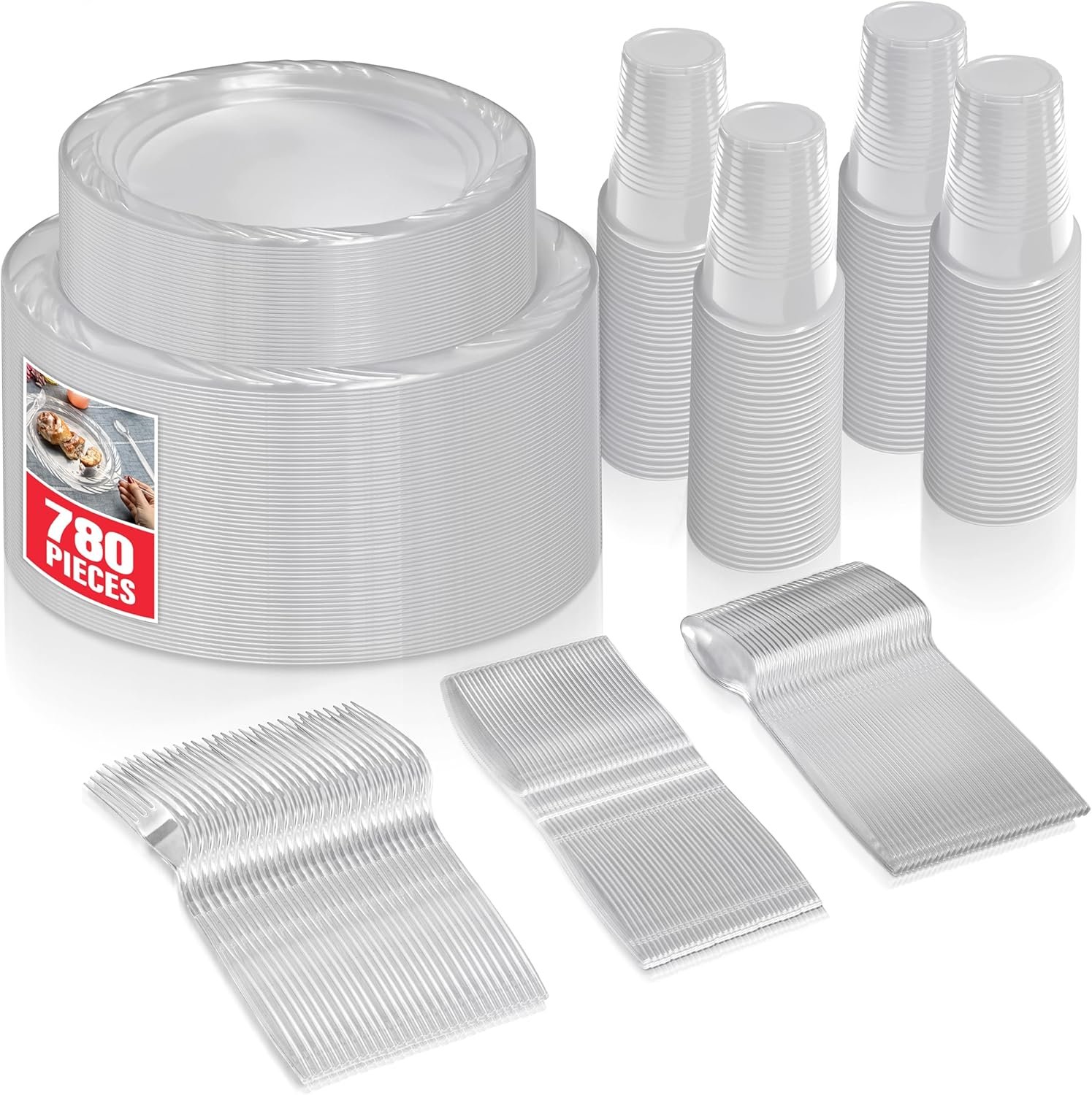 780 Piece Clear Plastic Dinnerware Set, Service for 120 Guests, Heavy Duty Every Day Use Plastic Plates, Cups, and Utensils, Disposable Dinnerware Set for Weddings, Graduations, and Birthday Parties