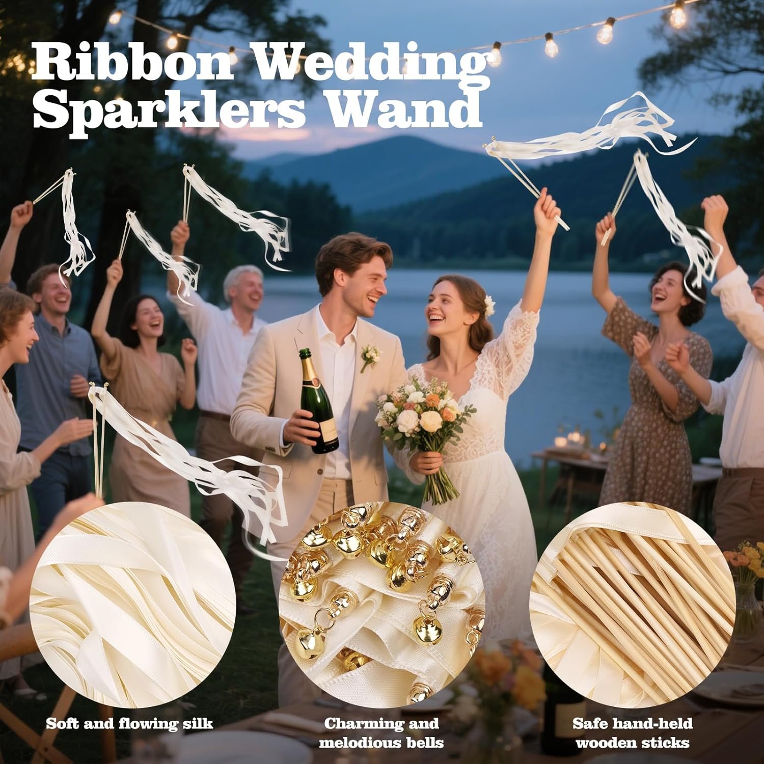 Wholesale 50PCS White Silk Ribbon Fairy Wands with Gold Bells for Wedding Send-Off Parties Holidays Supplier Wholesale 50PCS White Silk Ribbon Fairy Wands with Gold Bells for Wedding Send-Off Parties Holidays Supplier