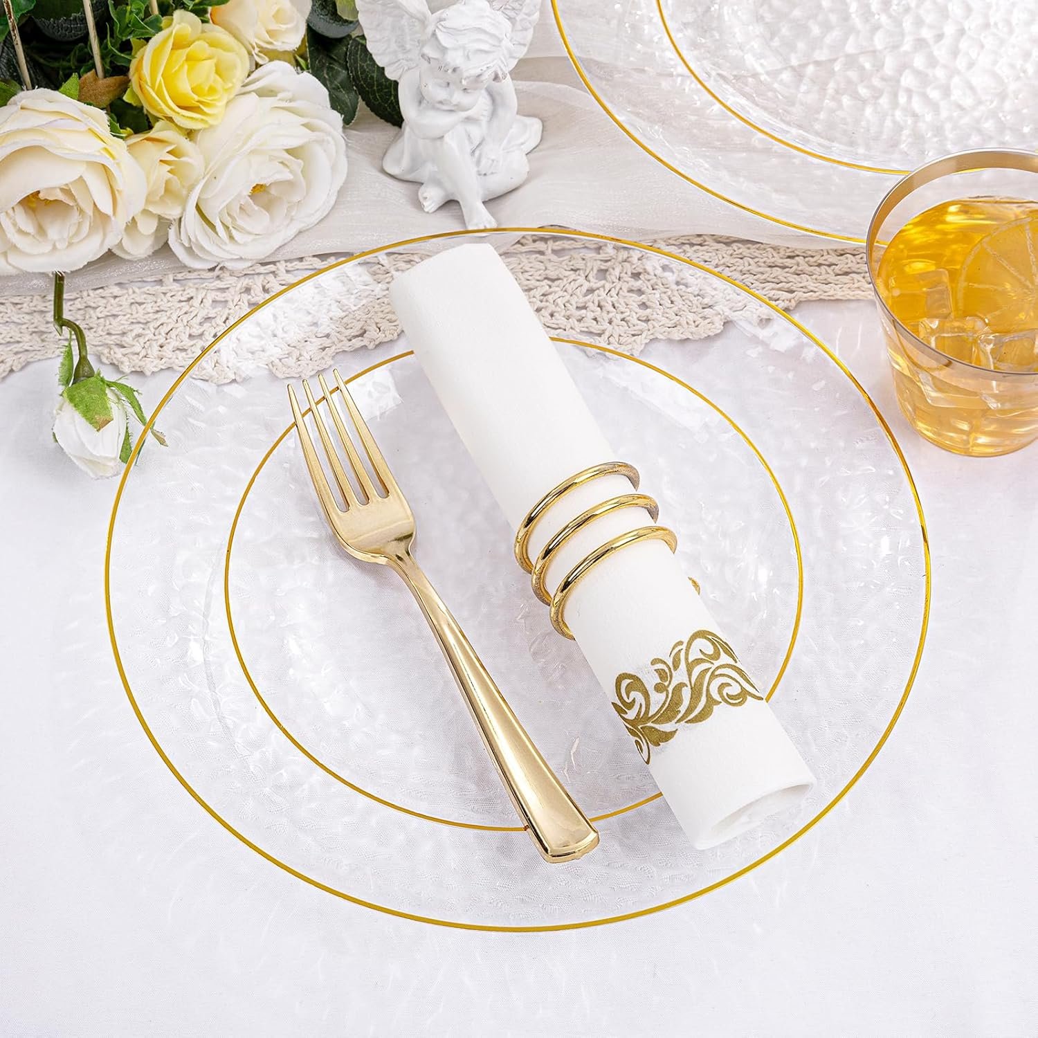 Wholesale 350 Pcs Clear Gold Plastic Plates Hammered Disposable Dinnerware Set Includes 100 Plates 150 Gold Silverware 50 Cups 50 Napkins for Party Supplier Wholesale 350 Pcs Clear Gold Plastic Plates Hammered Disposable Dinnerware Set Includes 100 Plates 150 Gold Silverware 50 Cups 50 Napkins for Party Supplier