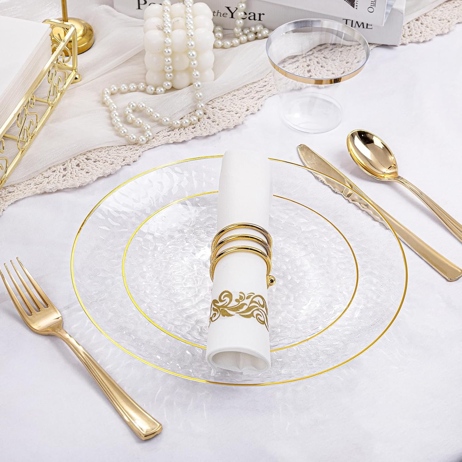 Wholesale 350 Pcs Clear Gold Plastic Plates Hammered Disposable Dinnerware Set Includes 100 Plates 150 Gold Silverware 50 Cups 50 Napkins for Party Supplier Wholesale 350 Pcs Clear Gold Plastic Plates Hammered Disposable Dinnerware Set Includes 100 Plates 150 Gold Silverware 50 Cups 50 Napkins for Party Supplier