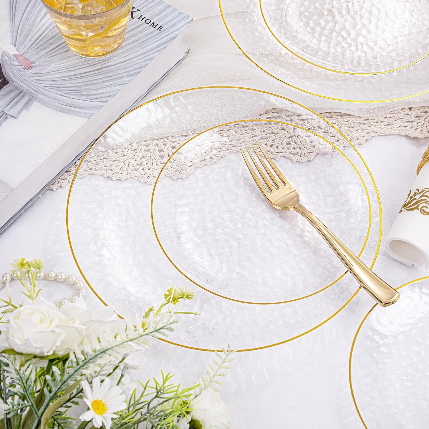 Wholesale 350 Pcs Clear Gold Plastic Plates Hammered Disposable Dinnerware Set Includes 100 Plates 150 Gold Silverware 50 Cups 50 Napkins for Party Supplier Wholesale 350 Pcs Clear Gold Plastic Plates Hammered Disposable Dinnerware Set Includes 100 Plates 150 Gold Silverware 50 Cups 50 Napkins for Party Supplier