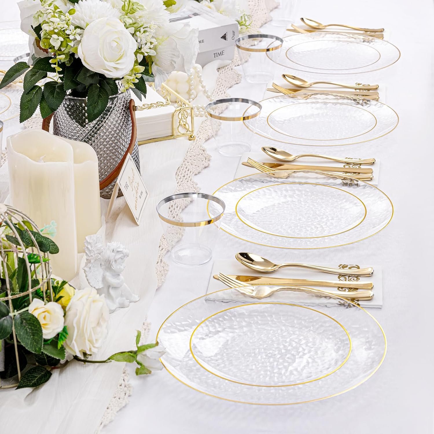 Wholesale 350 Pcs Clear Gold Plastic Plates Hammered Disposable Dinnerware Set Includes 100 Plates 150 Gold Silverware 50 Cups 50 Napkins for Party Supplier Wholesale 350 Pcs Clear Gold Plastic Plates Hammered Disposable Dinnerware Set Includes 100 Plates 150 Gold Silverware 50 Cups 50 Napkins for Party Supplier