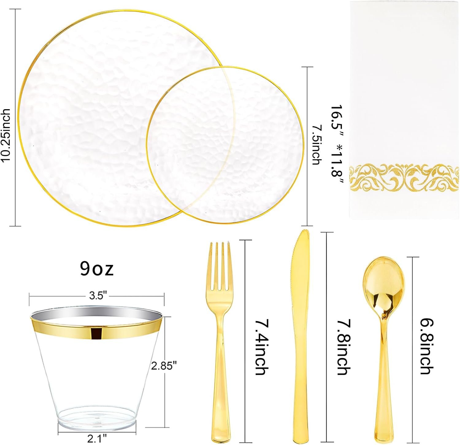 Wholesale 350 Pcs Clear Gold Plastic Plates Hammered Disposable Dinnerware Set Includes 100 Plates 150 Gold Silverware 50 Cups 50 Napkins for Party Supplier Wholesale 350 Pcs Clear Gold Plastic Plates Hammered Disposable Dinnerware Set Includes 100 Plates 150 Gold Silverware 50 Cups 50 Napkins for Party Supplier