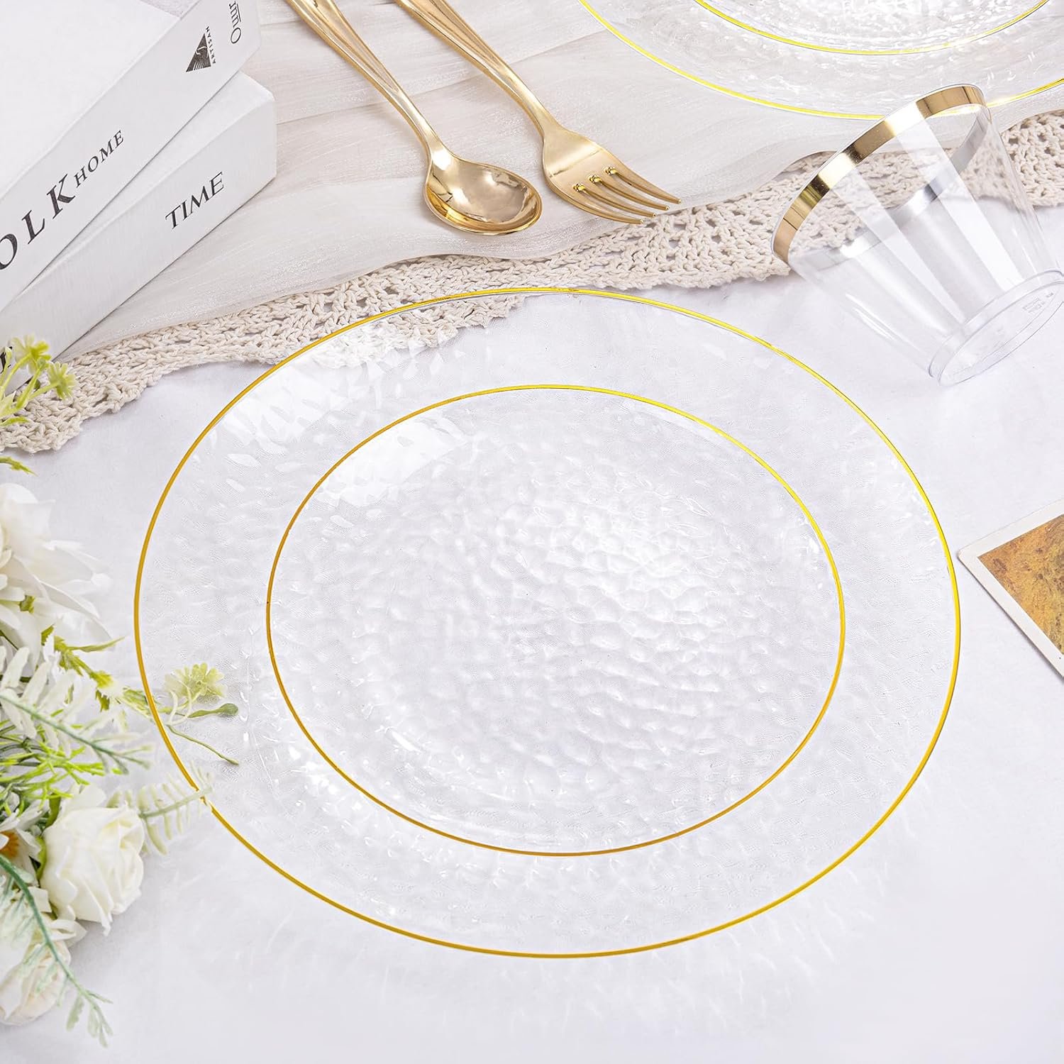 Wholesale 350 Pcs Clear Gold Plastic Plates Hammered Disposable Dinnerware Set Includes 100 Plates 150 Gold Silverware 50 Cups 50 Napkins for Party Supplier Wholesale 350 Pcs Clear Gold Plastic Plates Hammered Disposable Dinnerware Set Includes 100 Plates 150 Gold Silverware 50 Cups 50 Napkins for Party Supplier